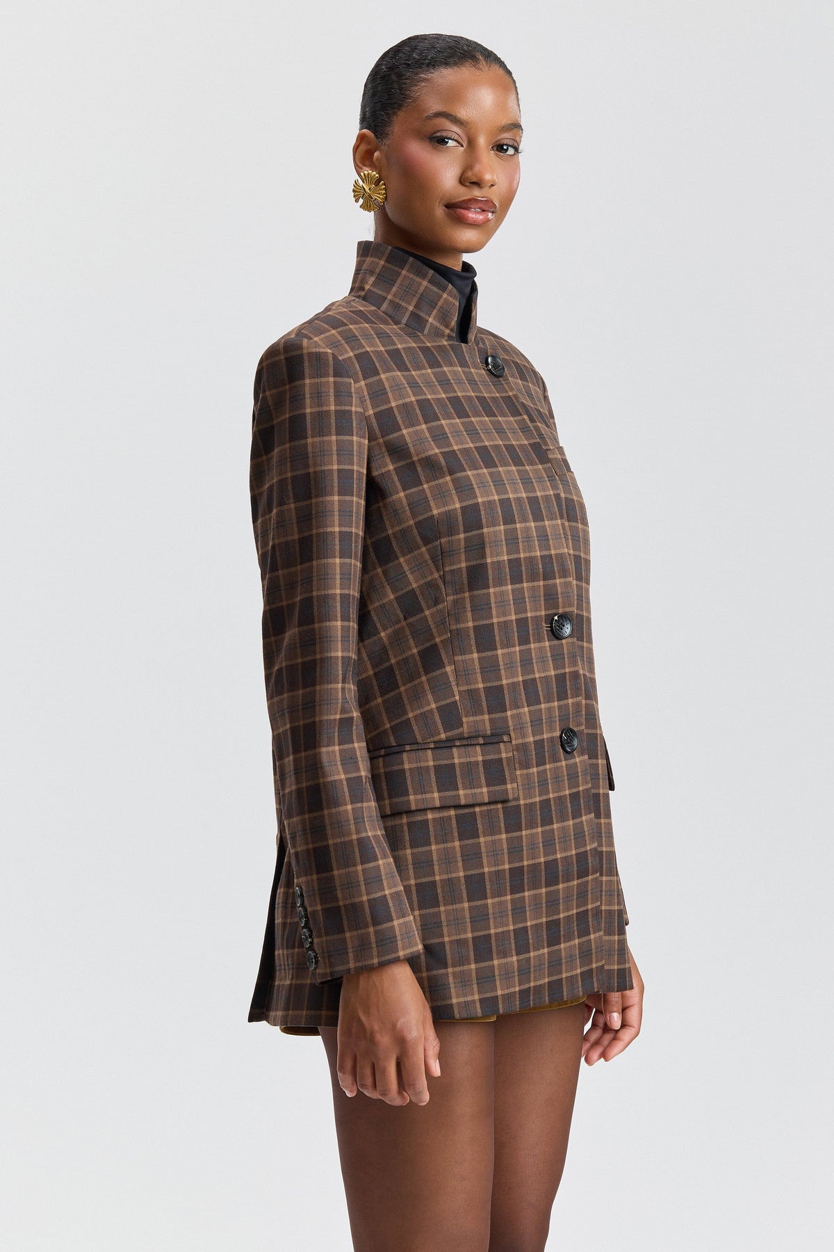 Stand Collar Plaid Blazer Coats & Jackets Avec Les Filles 