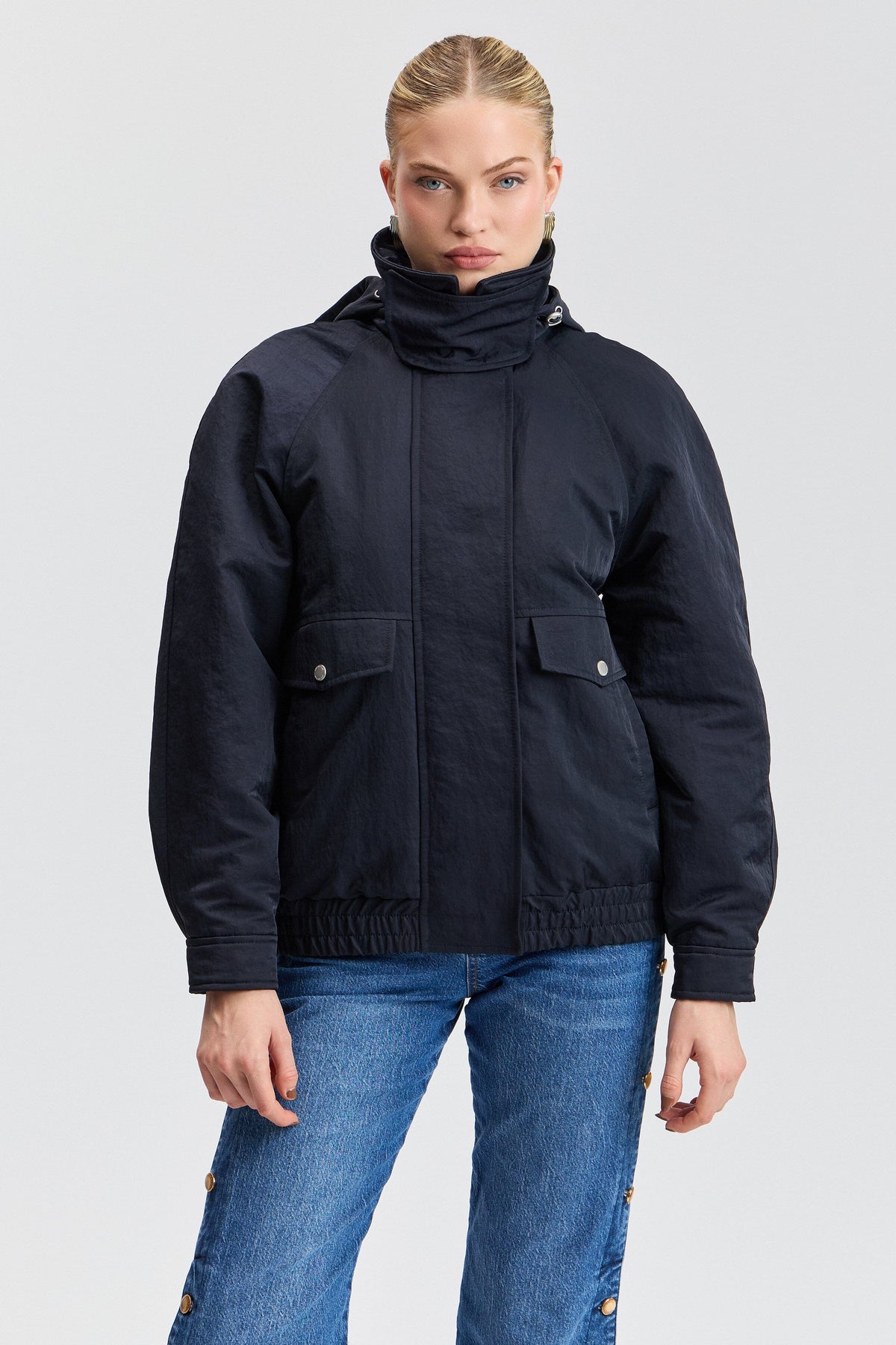 Blue bomber jacket in cotton blend with a snap button - Shop designer women's cute bomber jackets by Avec Les Filles.