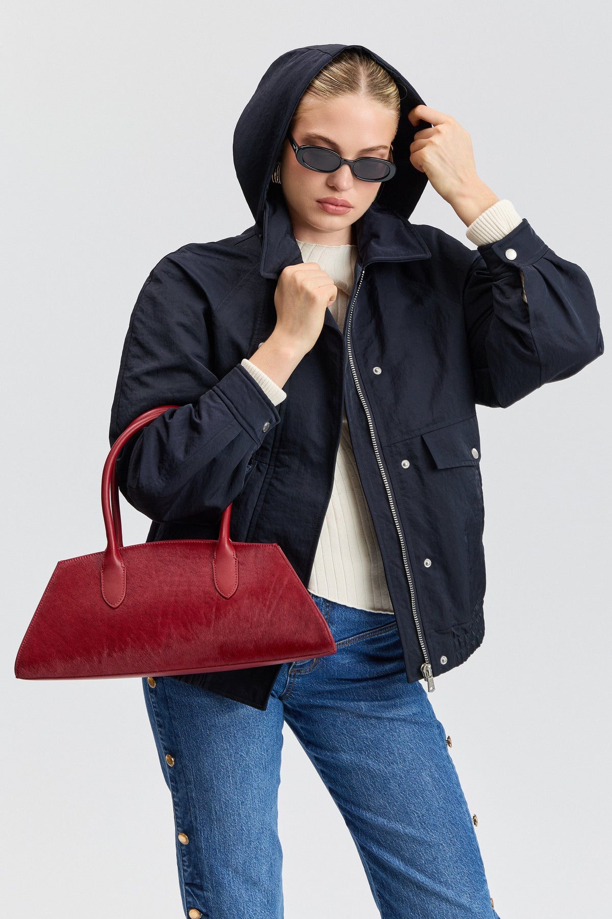 Hooded navy blue bomber jacket with a snap button - Shop designer women's cute bomber jackets by Avec Les Filles.