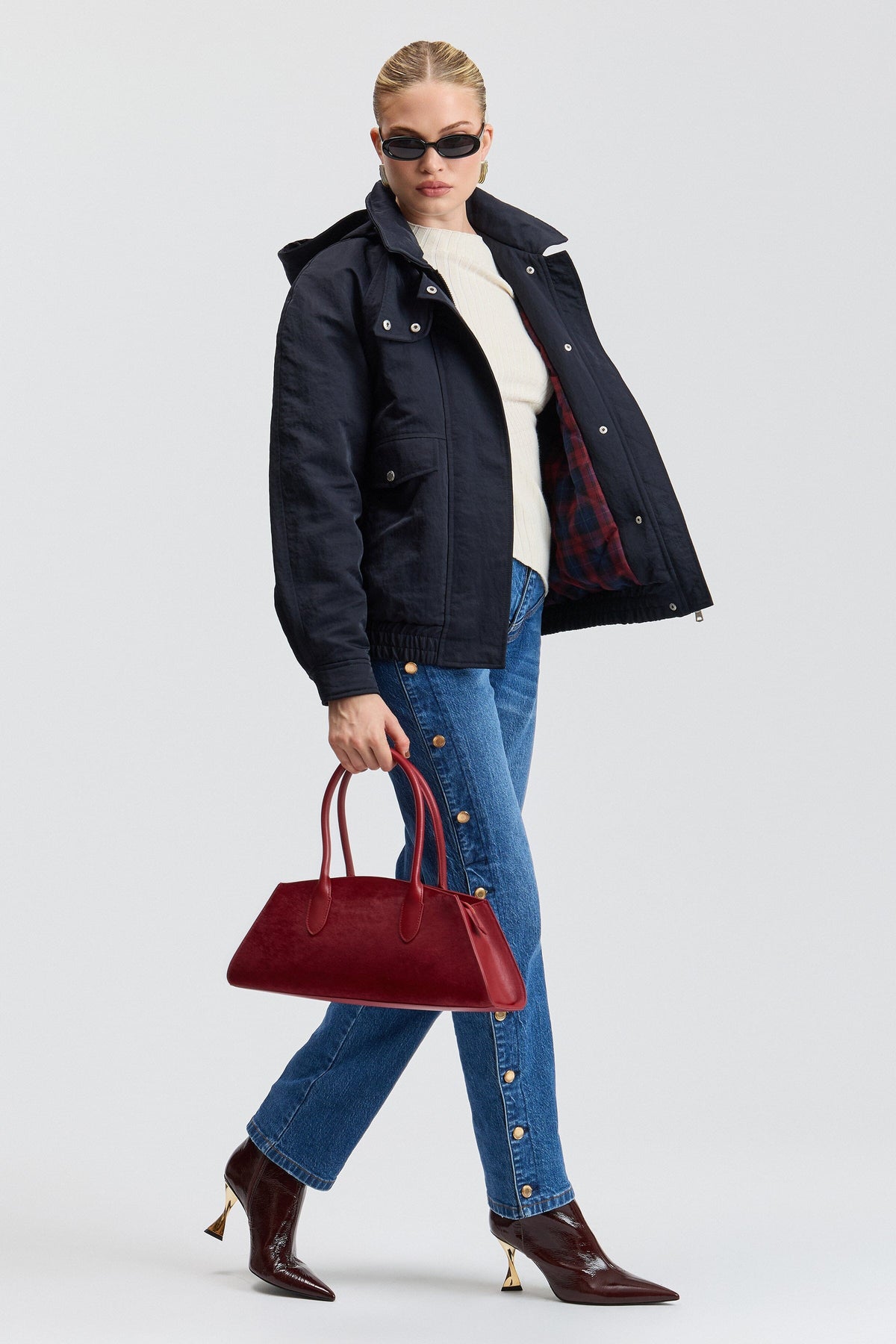 Navy blue packable jacket with a snap button-  Shop designer women's cute bomber jackets by Avec Les Filles.