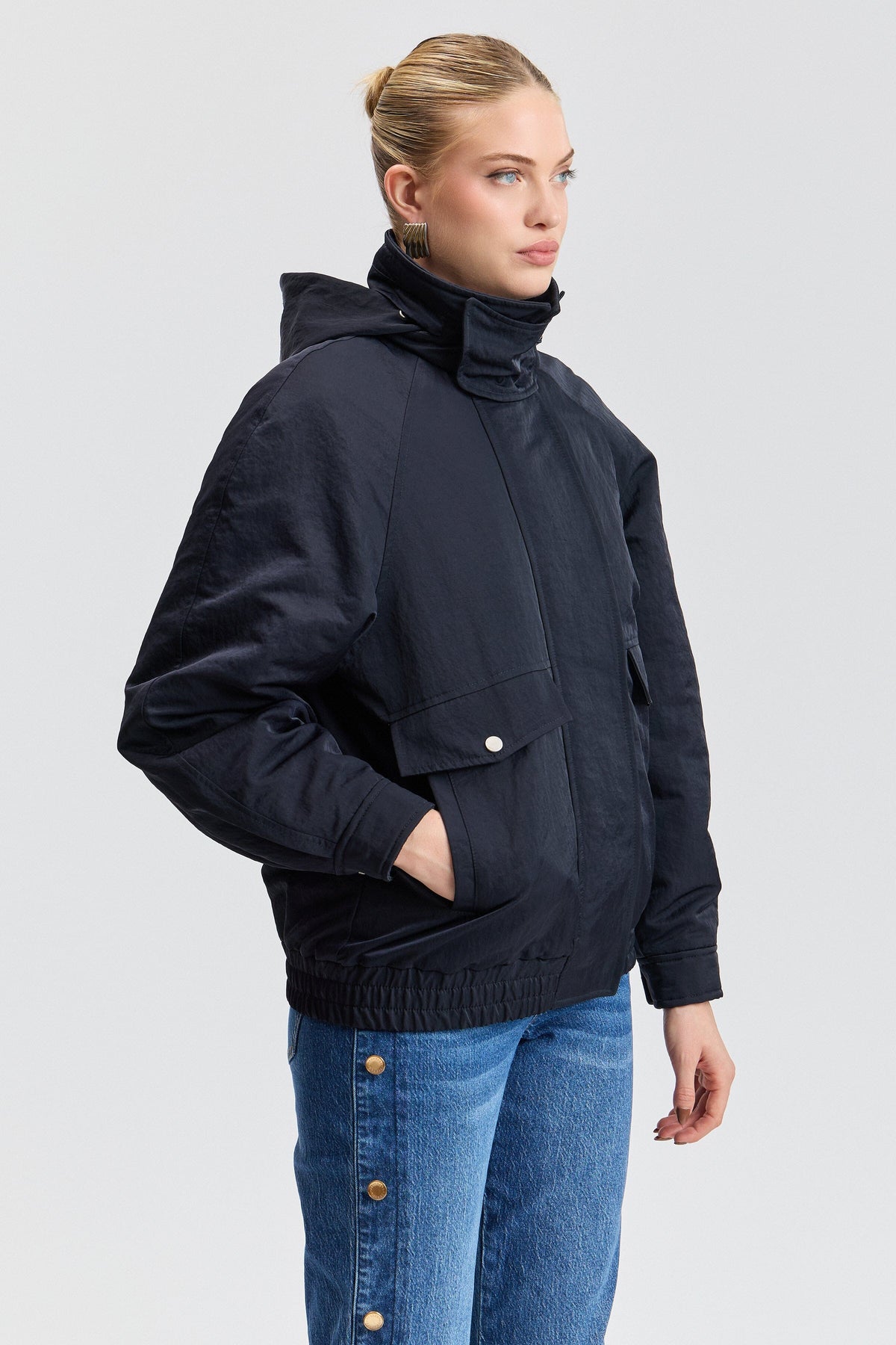 womens bomber jacket with a snap button - Shop designer blue bomber jackets by Avec Les Filles.