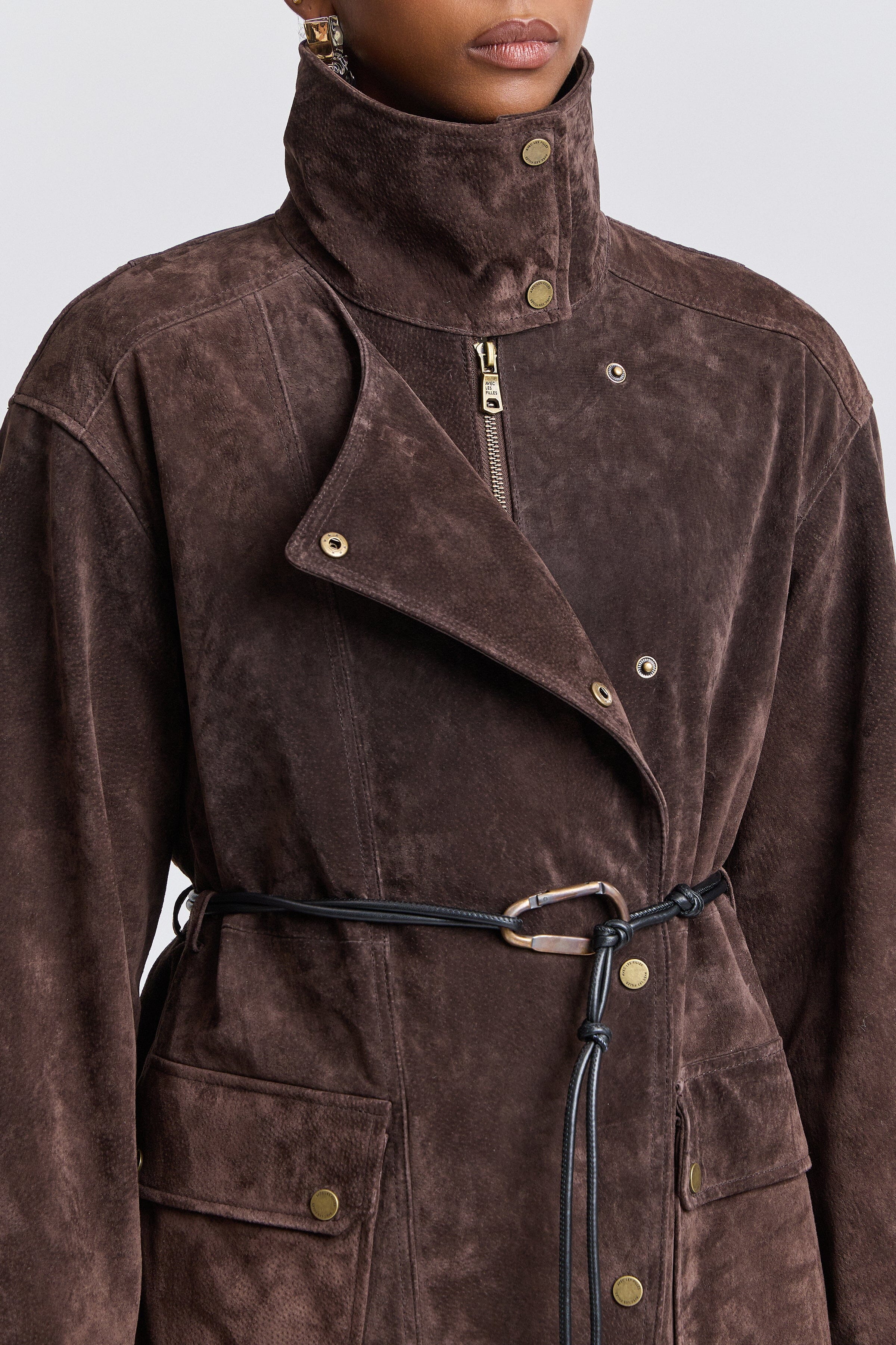 Genuine suede belted dark brown jacket with a stand collar - Shop designer women's suede jackets by Avec Les Filles.