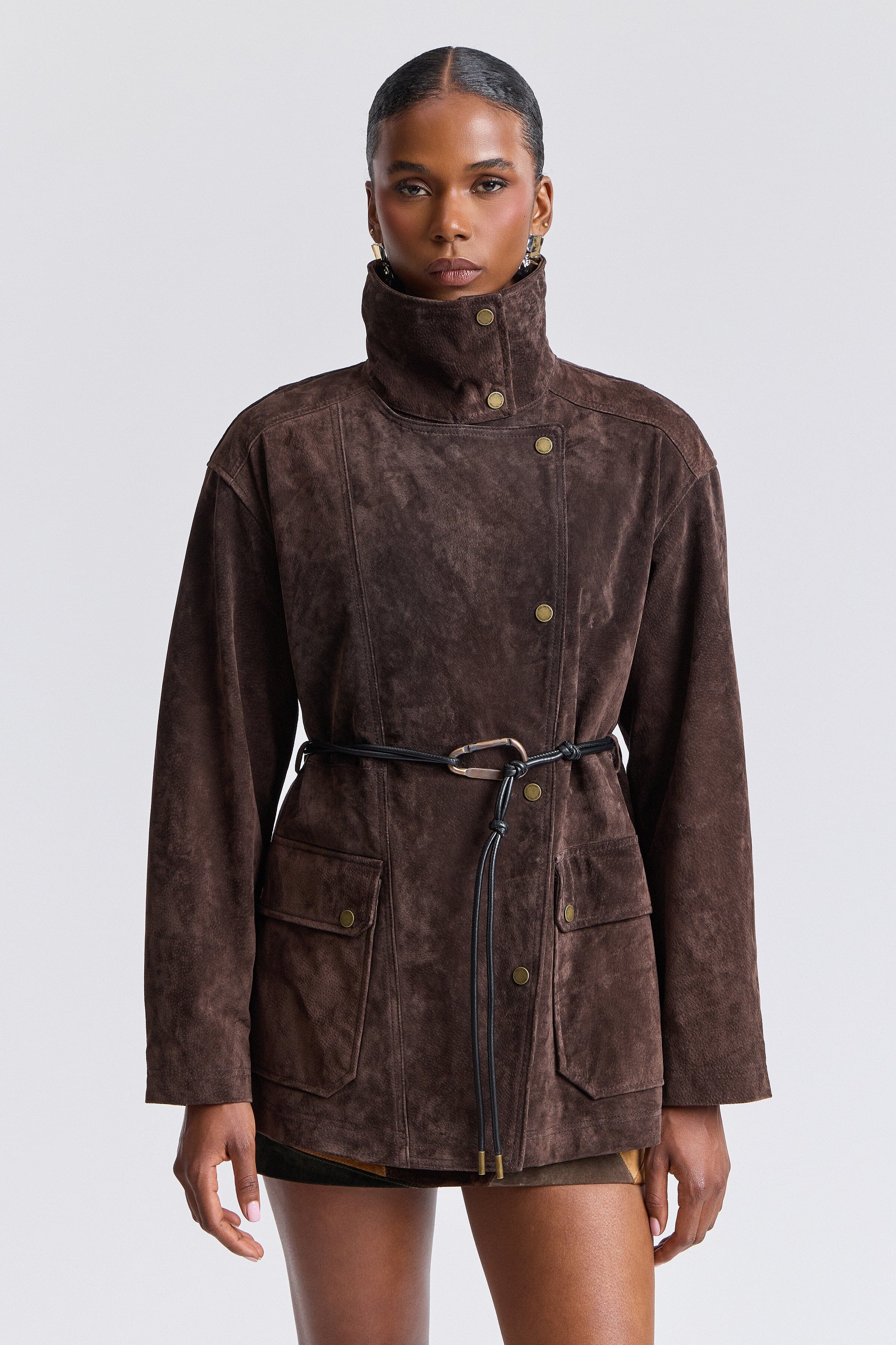 Belted dark brown suede jacket with long sleeves and a stand collar - Shop designer women's suede jackets by Avec Les Filles.