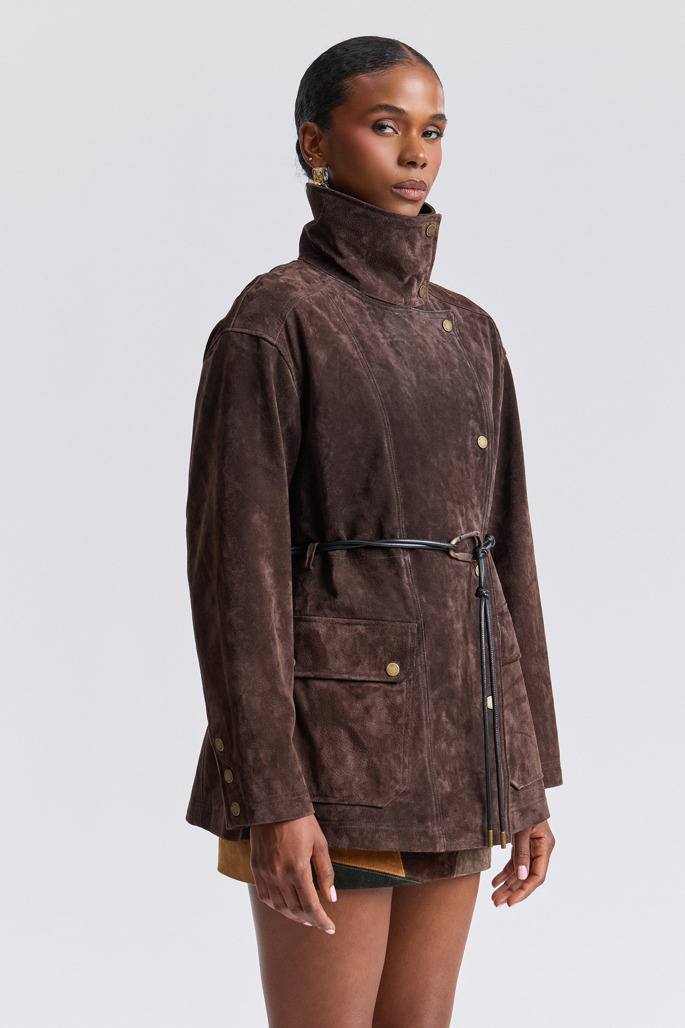 Womens dark brown suede jacket with long sleeves and a stand collar - Shop designer suede jackets by Avec Les Filles.