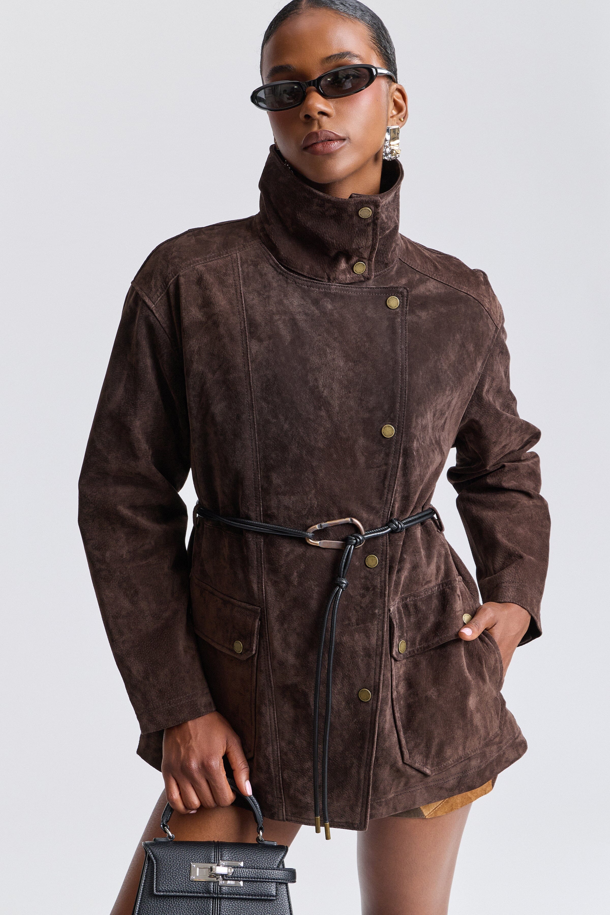 Belted dark brown suede jacket with long sleeves and a stand collar - Shop designer women's suede jackets by Avec Les Filles.