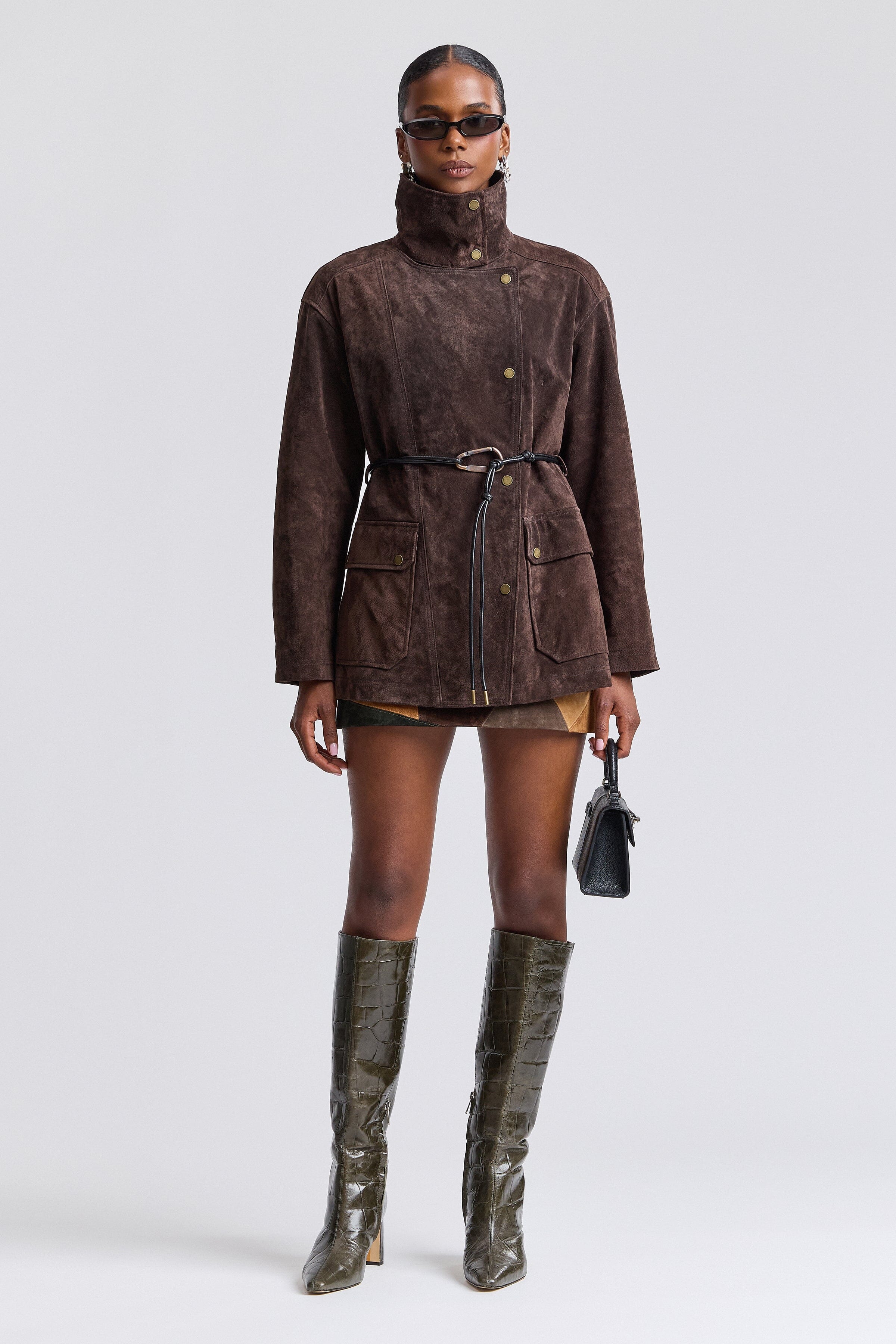 Genuine suede dark brown jacket women with long sleeves and stand collar - Shop designer suede jackets by Avec Les Filles.