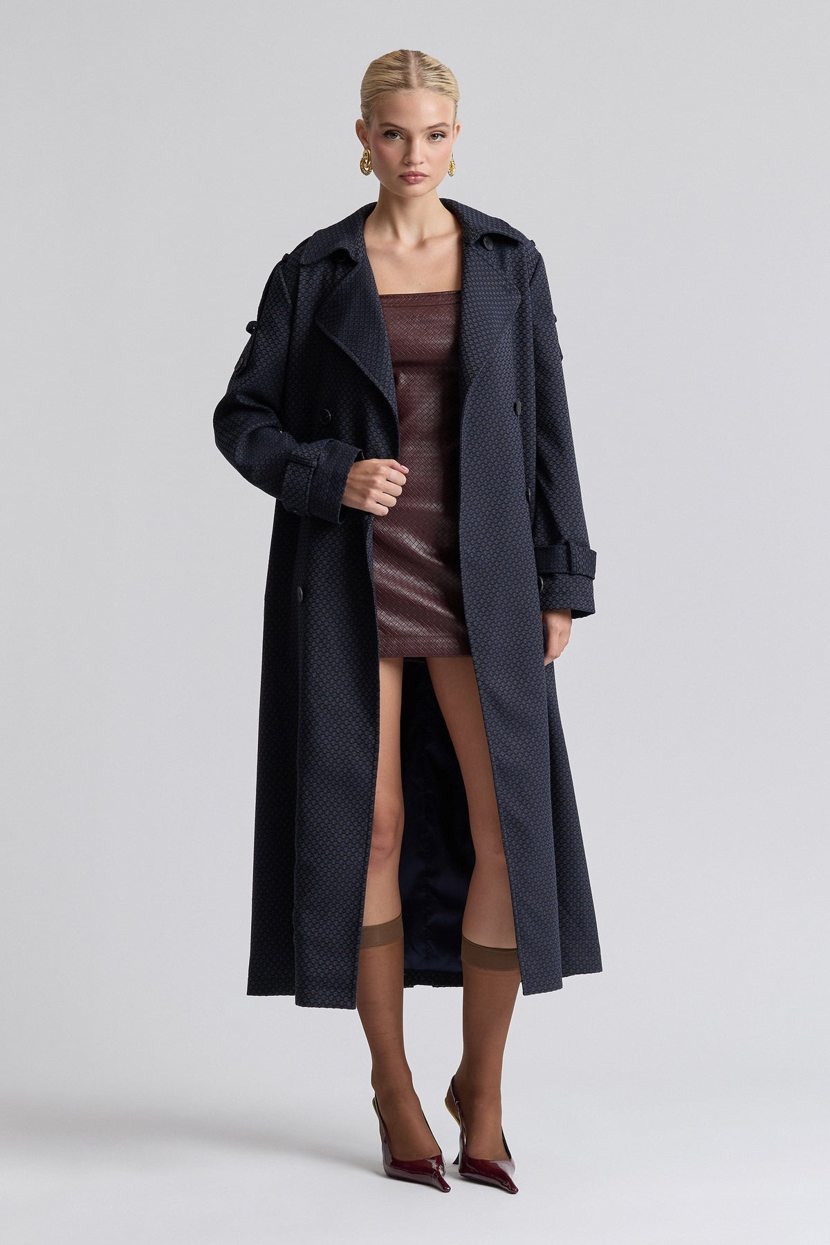 Oversized double-breasted jacquard navy trench coat - Shop women's trench coats by Avec Les Filles.