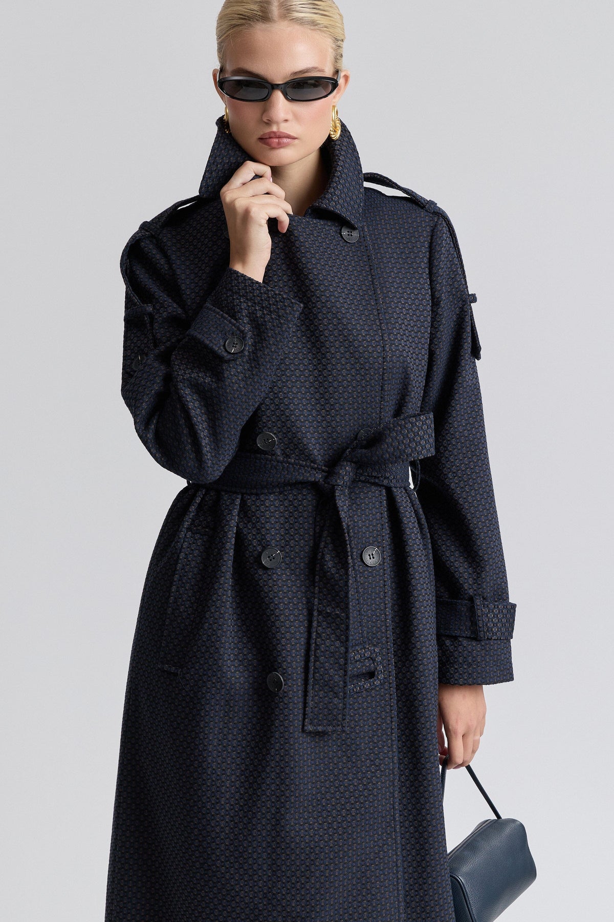 Oversized double-breasted jacquard coat womens with belt - Shop designer trench coats by Avec Les Filles.