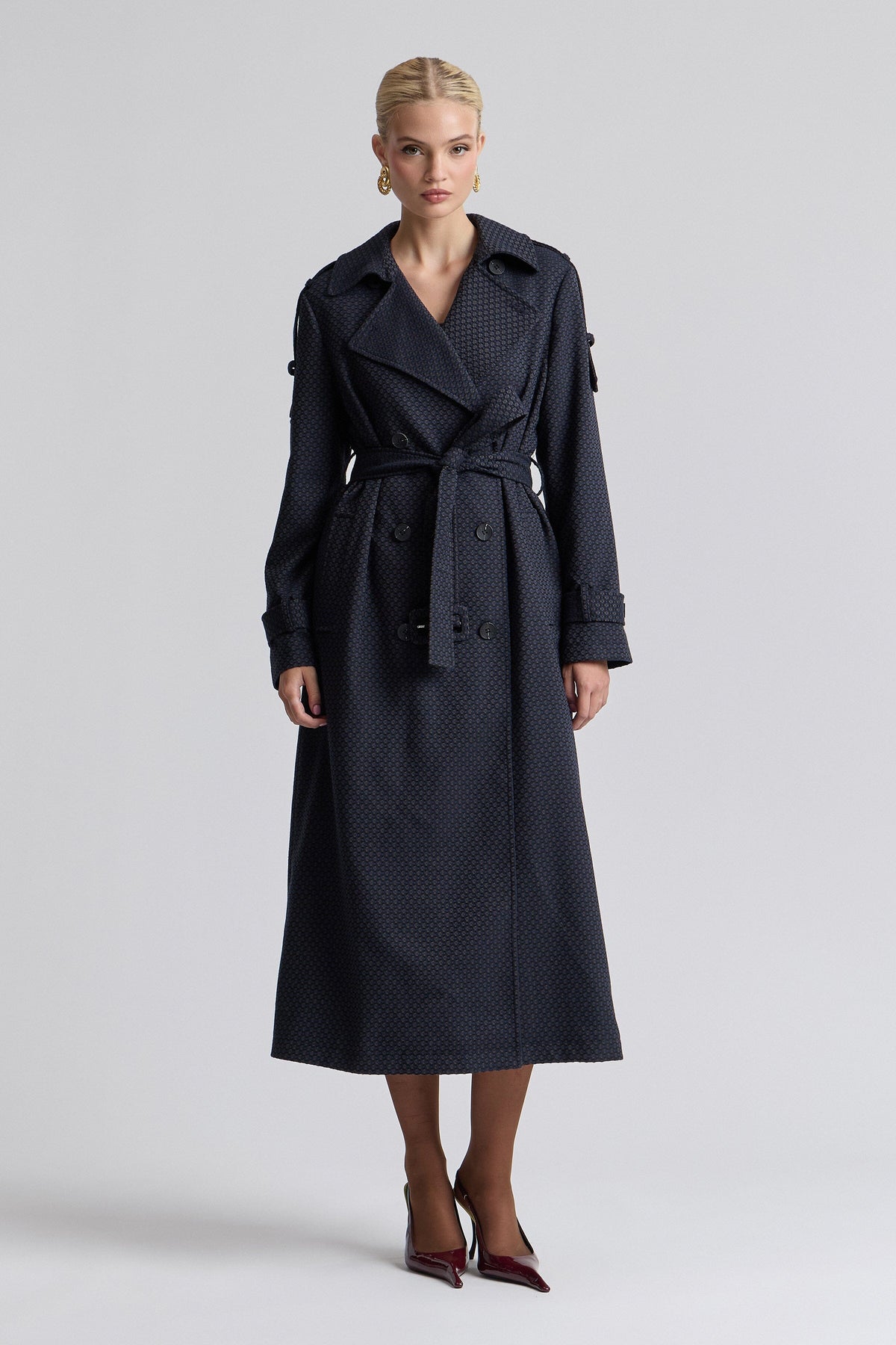 Double-breasted jacquard trench coat navy with a belt - Shop women's trench coats by Avec Les Filles.