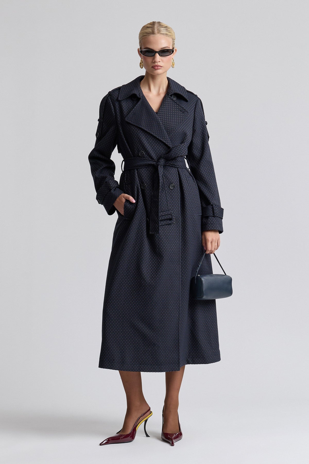 Oversized double-breasted jacquard navy trench coat with a belt - Shop trench coats by Avec Les Filles.