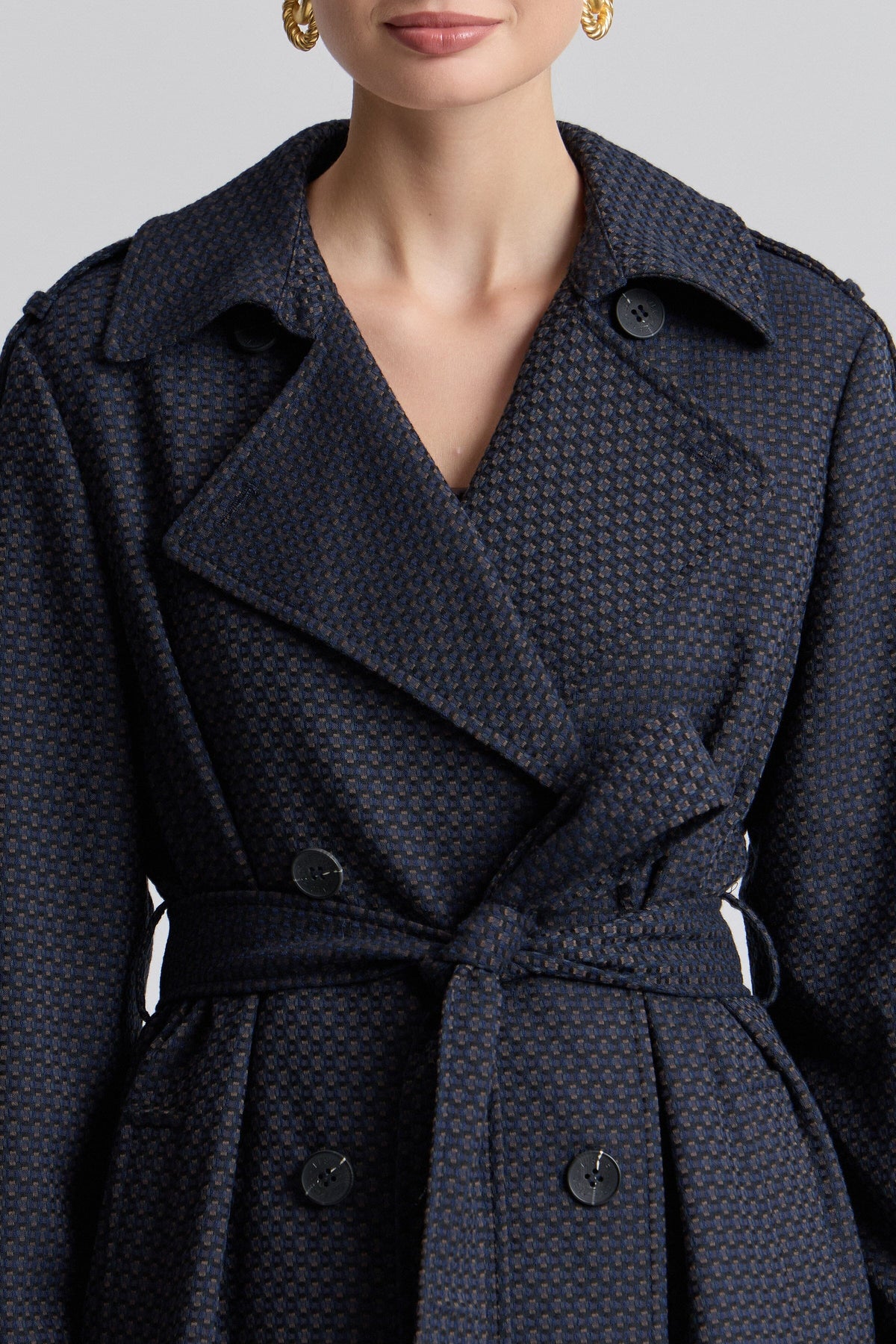 Double-breasted jacquard navy blue trench coat with a belt - Shop women's long trench coats by Avec Les Filles.