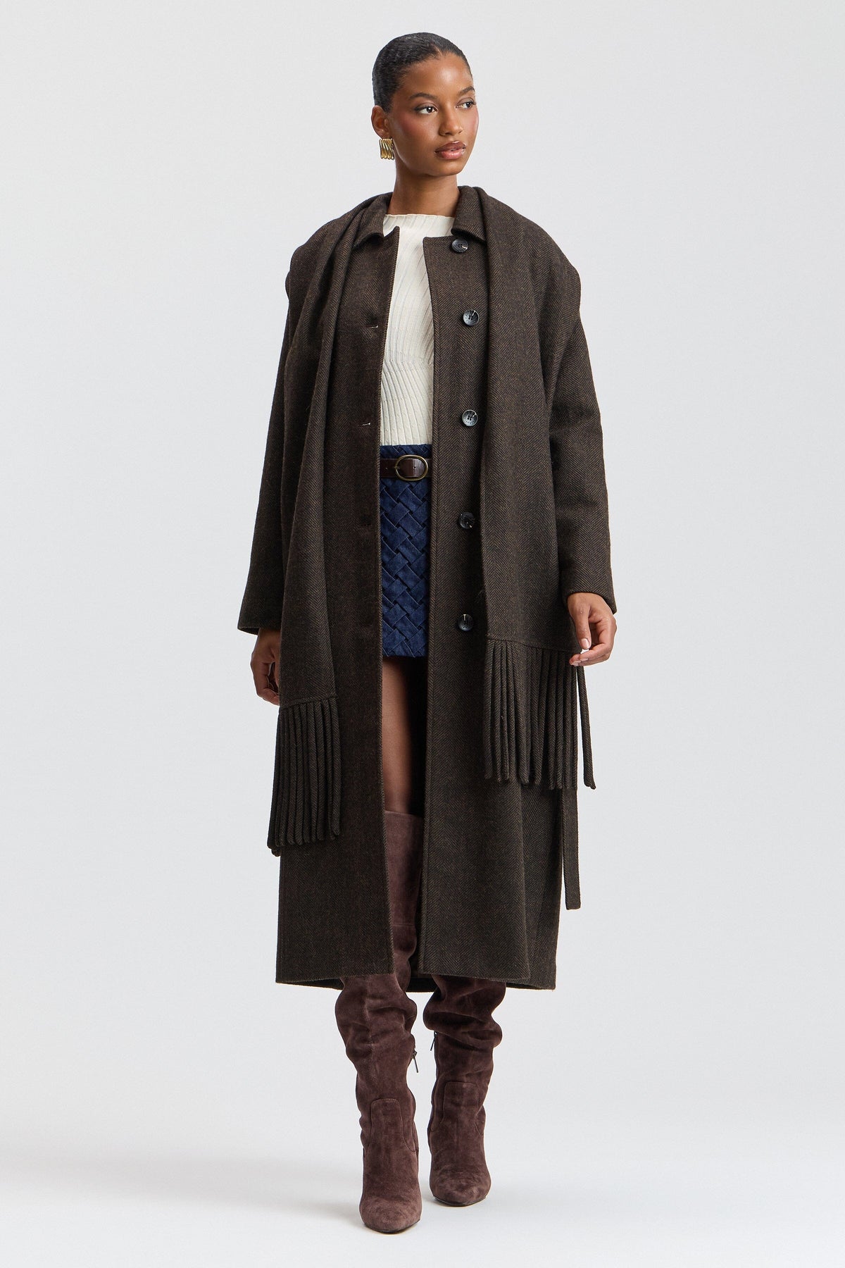 Herringbone scarf brown wool coat with removable belt and - Shop designer women's long coats by Avec Les Filles.