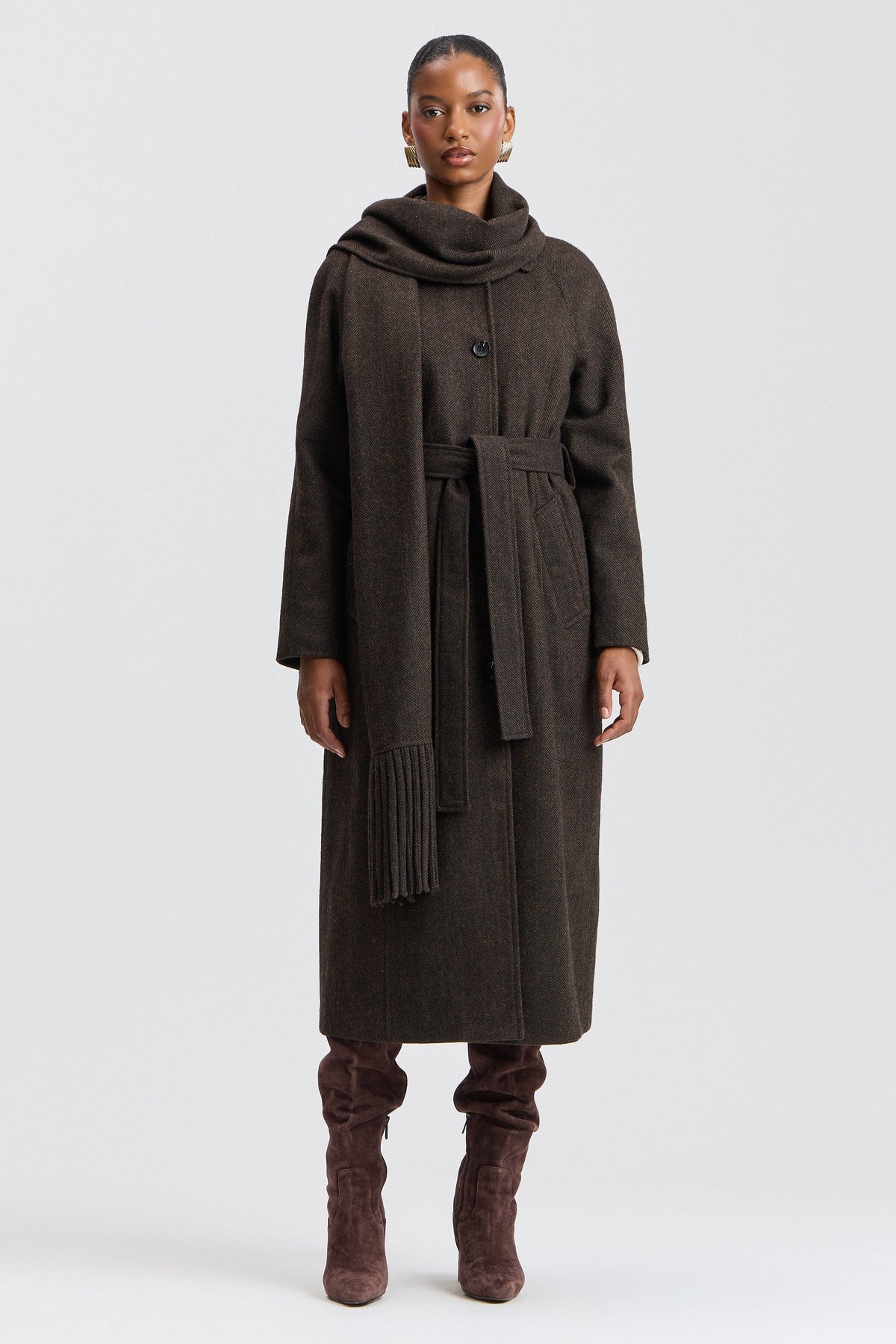 Herringbone scarf brown long wool coat with removable belt - Shop women's cute long coats by Avec Les Filles.