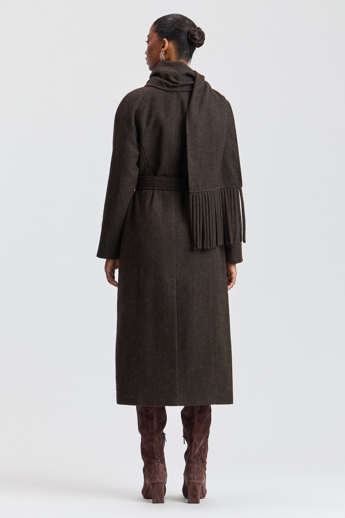 Herringbone scarf brown wool coat with removable belt - Shop designer women's long coats by Avec Les Filles.