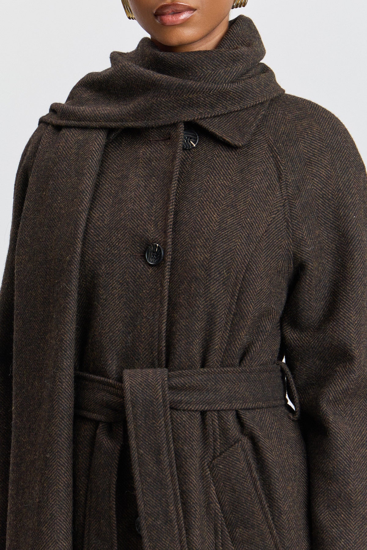 Brown herringbone scarf womens long wool coat with removable belt - Shop designer long coats by Avec Les Filles.