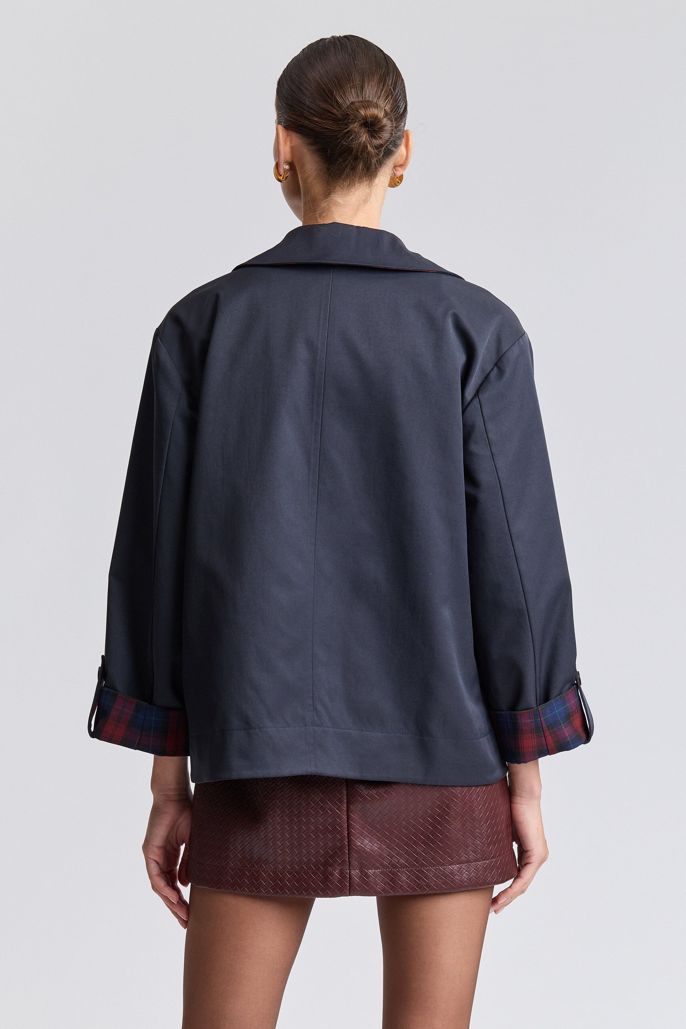 Reversible plaid navy barn jacket in a cotton blend with long sleeves - Shop women's cute jackets by Avec Les Filles.