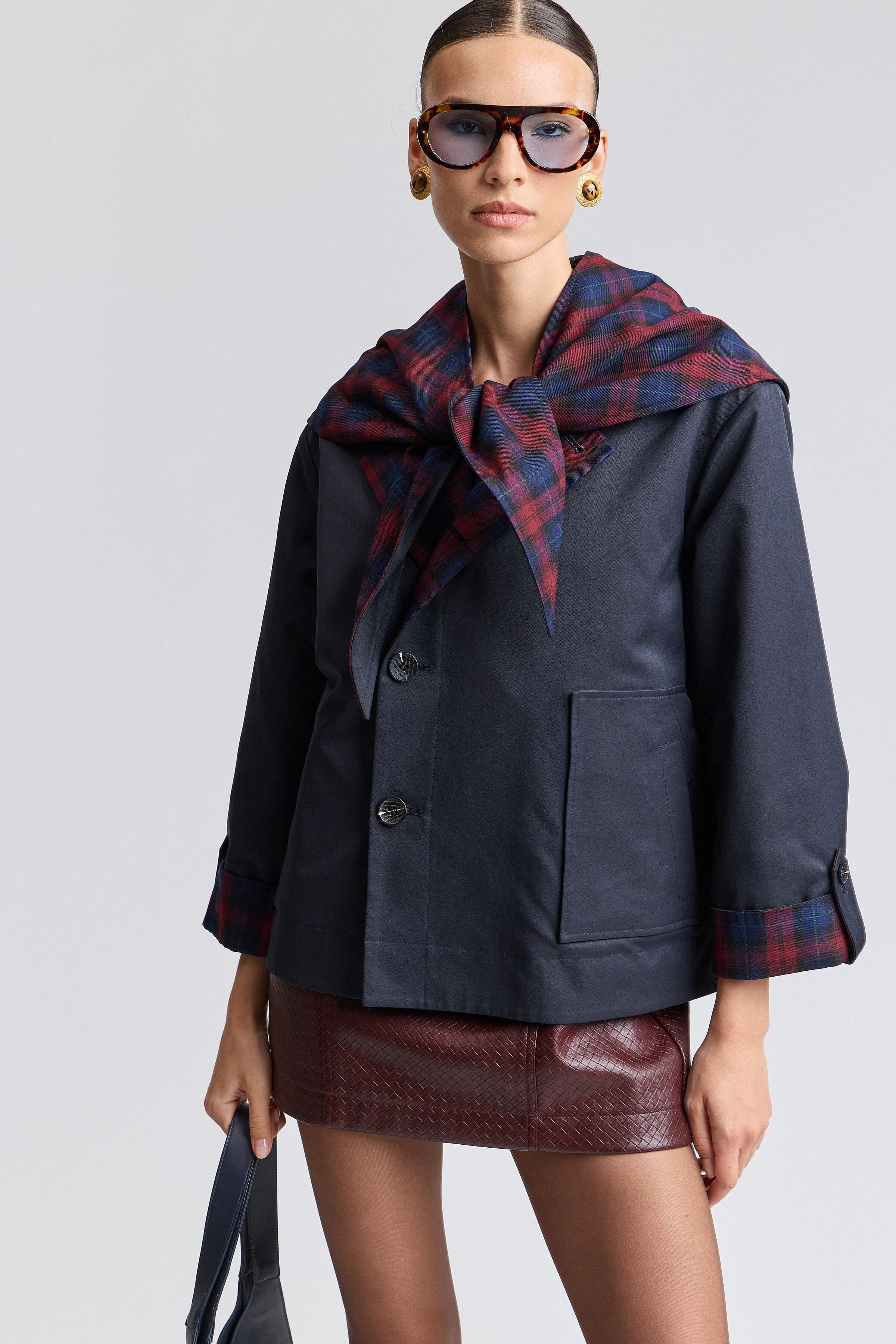 Reversible plaid barn jacket women in a cotton blend with detachable plaid scarf. Shop cute jackets by Avec Les Filles.