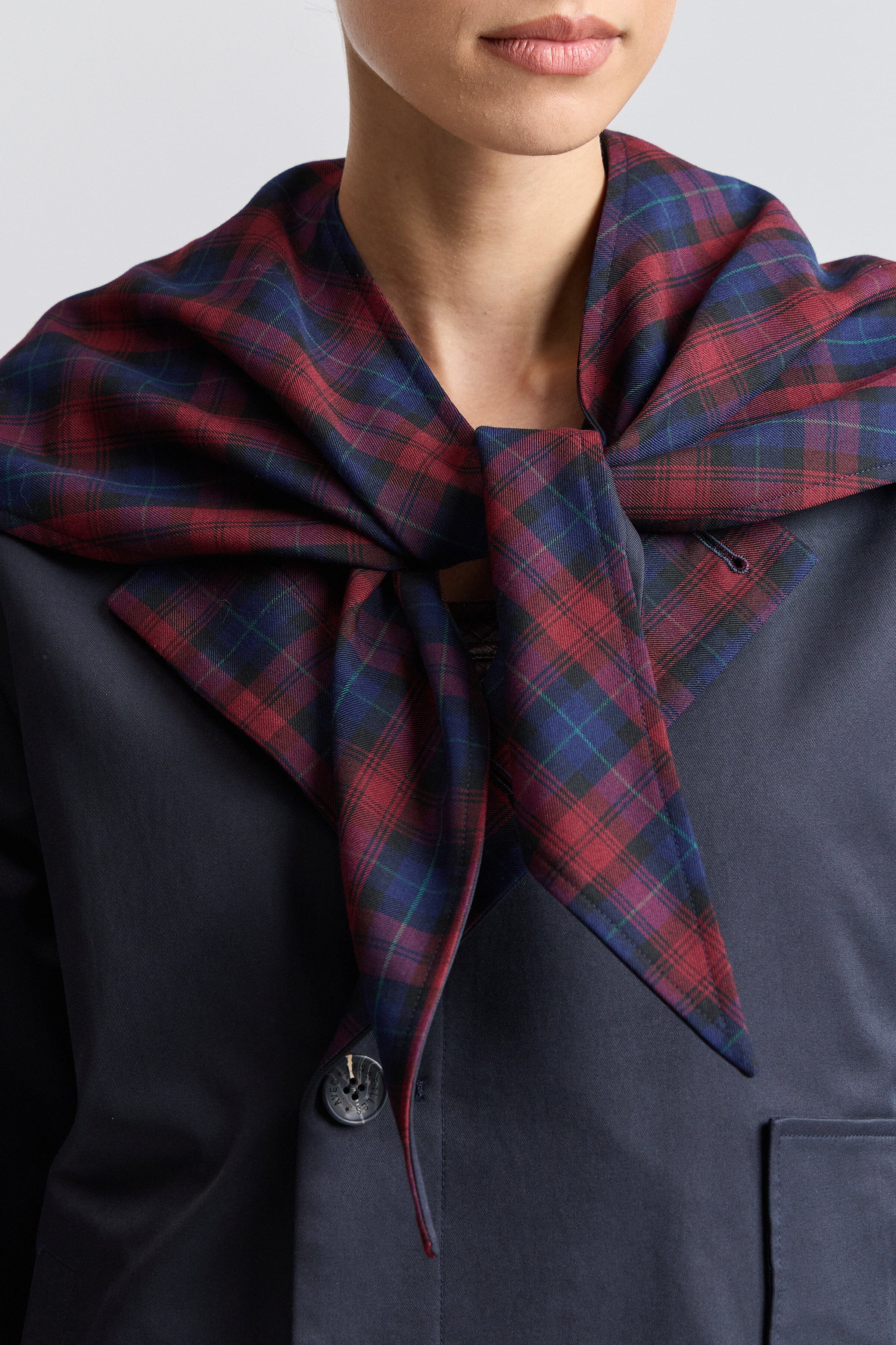 Plaid barn jacket in a cotton blend with detachable plaid scarf. Shop women's cute reversible jackets by Avec Les Filles.