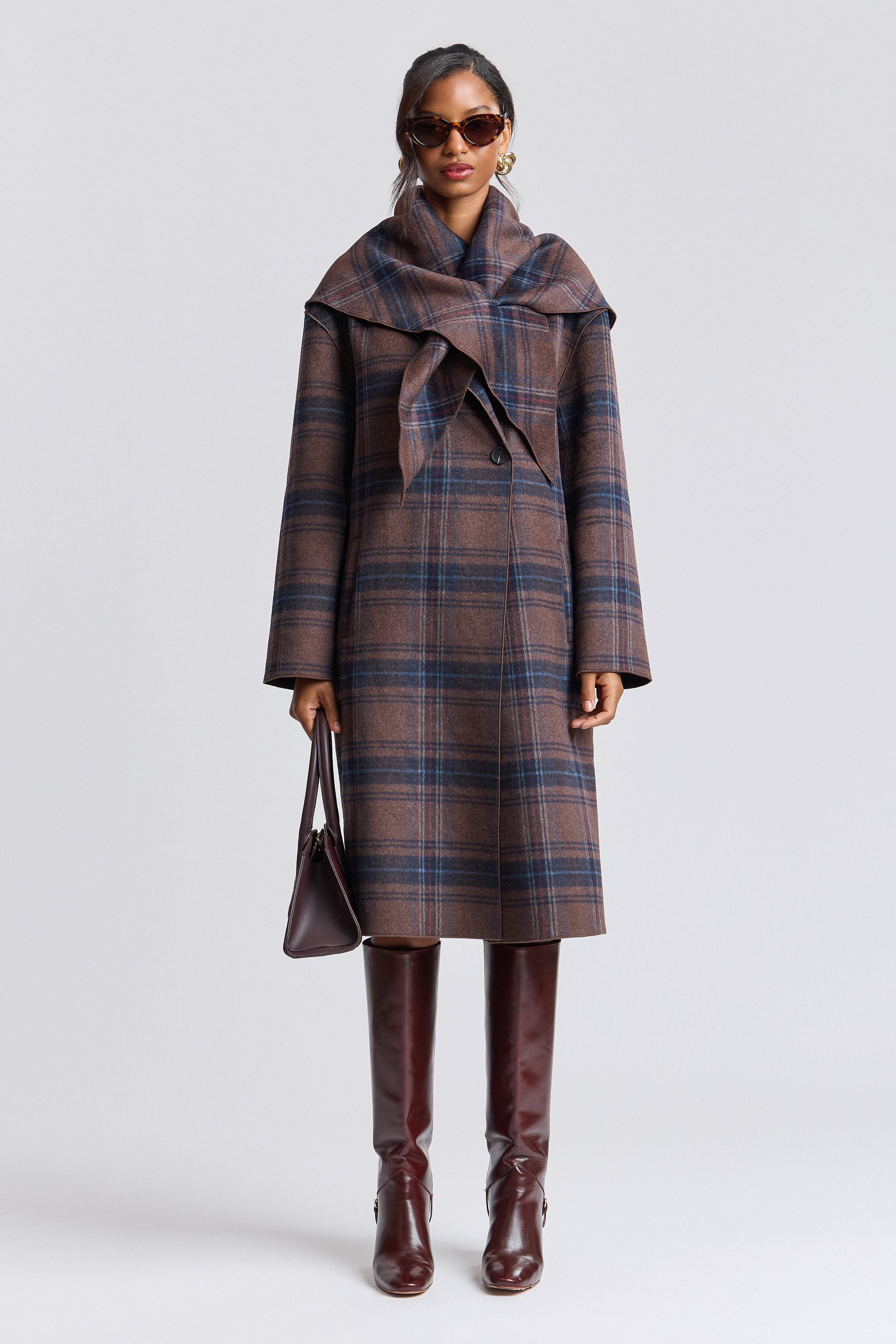 Double-breasted plaid long coat in wool blend with detachable scarf - Shop cute long plaid coats by Avec Les Filles.