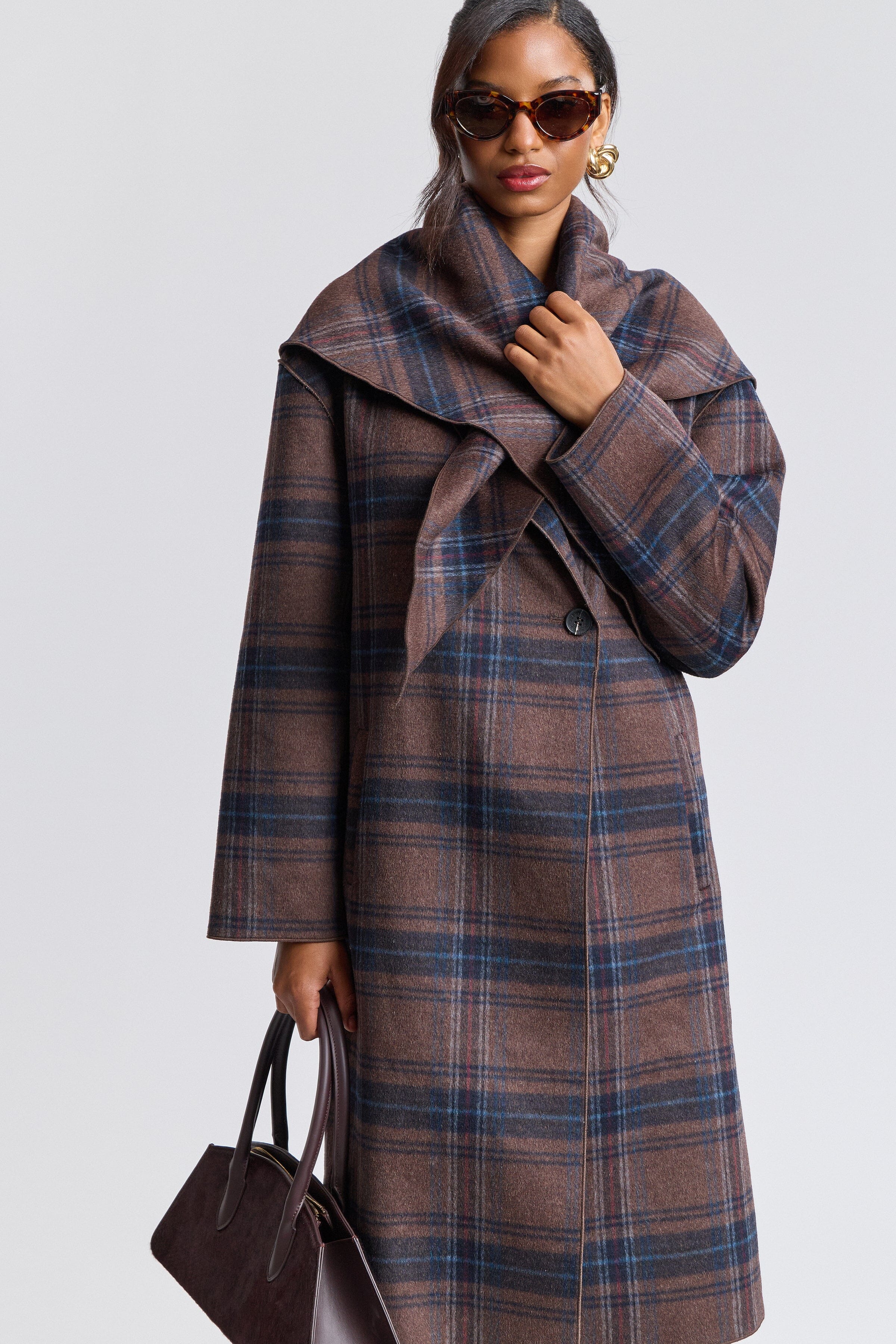 Double-breasted plaid long coat with detachable scarf - Shop women's long plaid coats by Avec Les Filles.