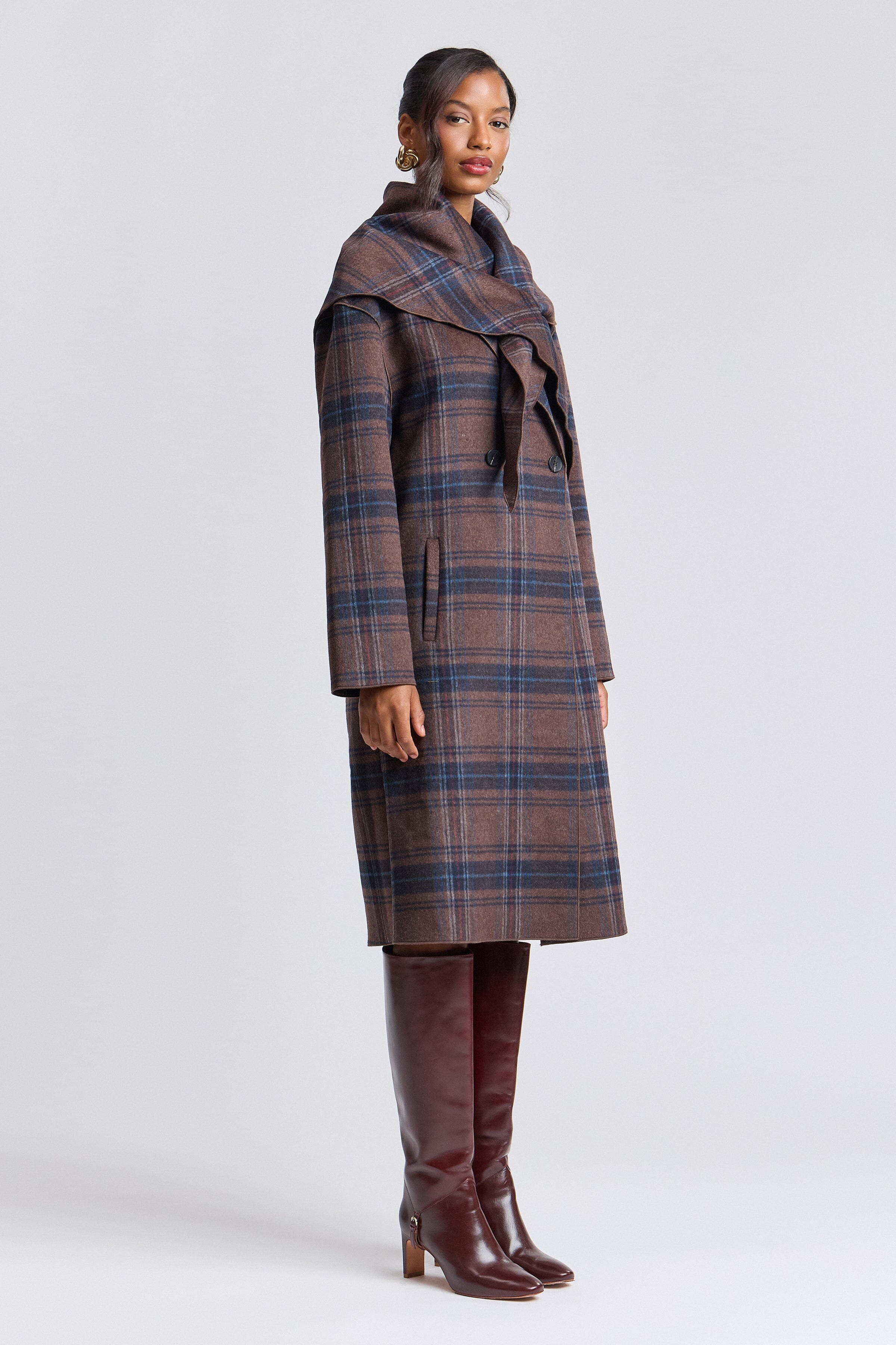 Double-breasted long wool blend coat with detachable scarf - Shop women's long plaid coats by Avec Les Filles.