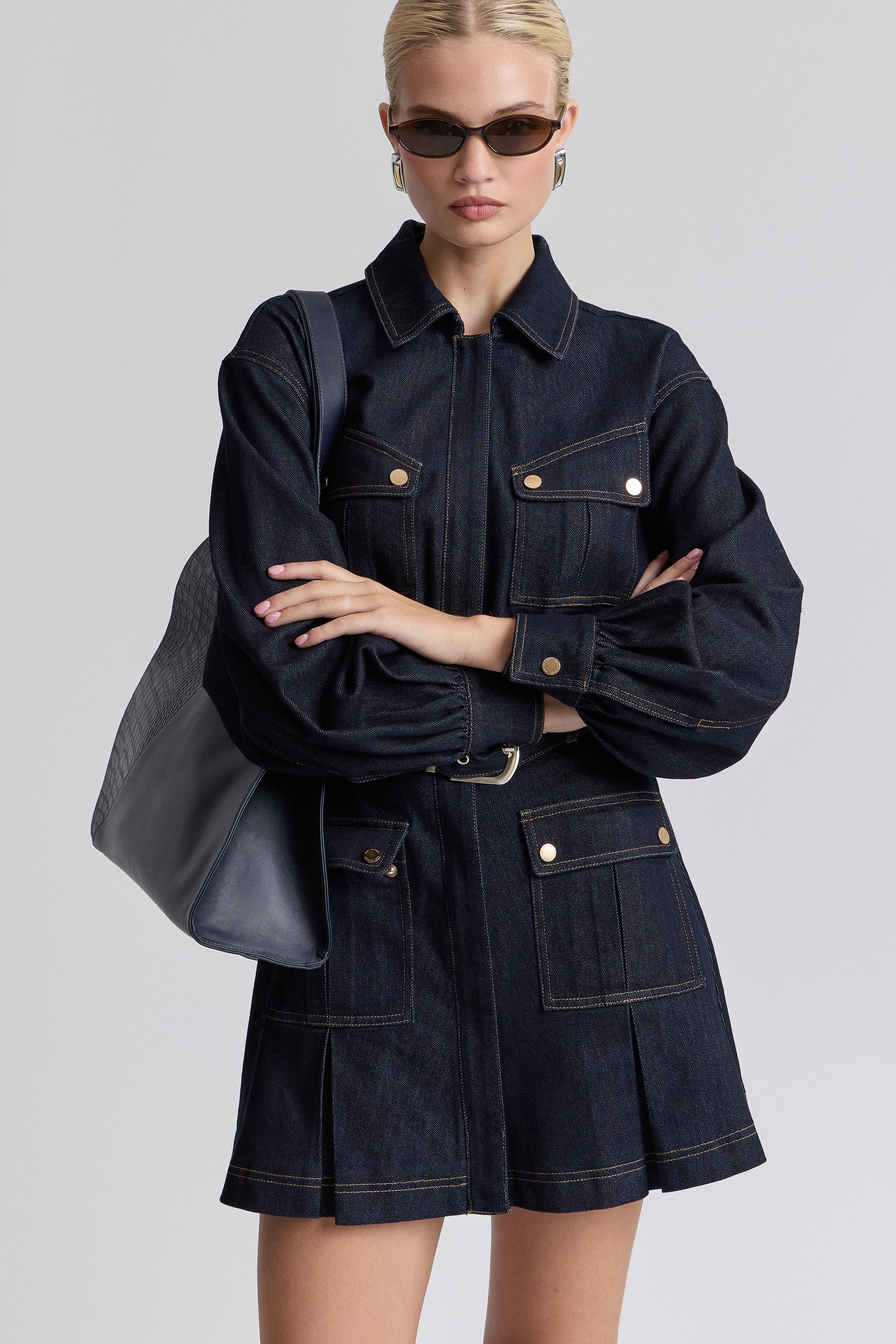 Indigo blue long sleeve denim shirt dress with removable belt - Shop women's cute denim mini dresses by Avec Les Filles.