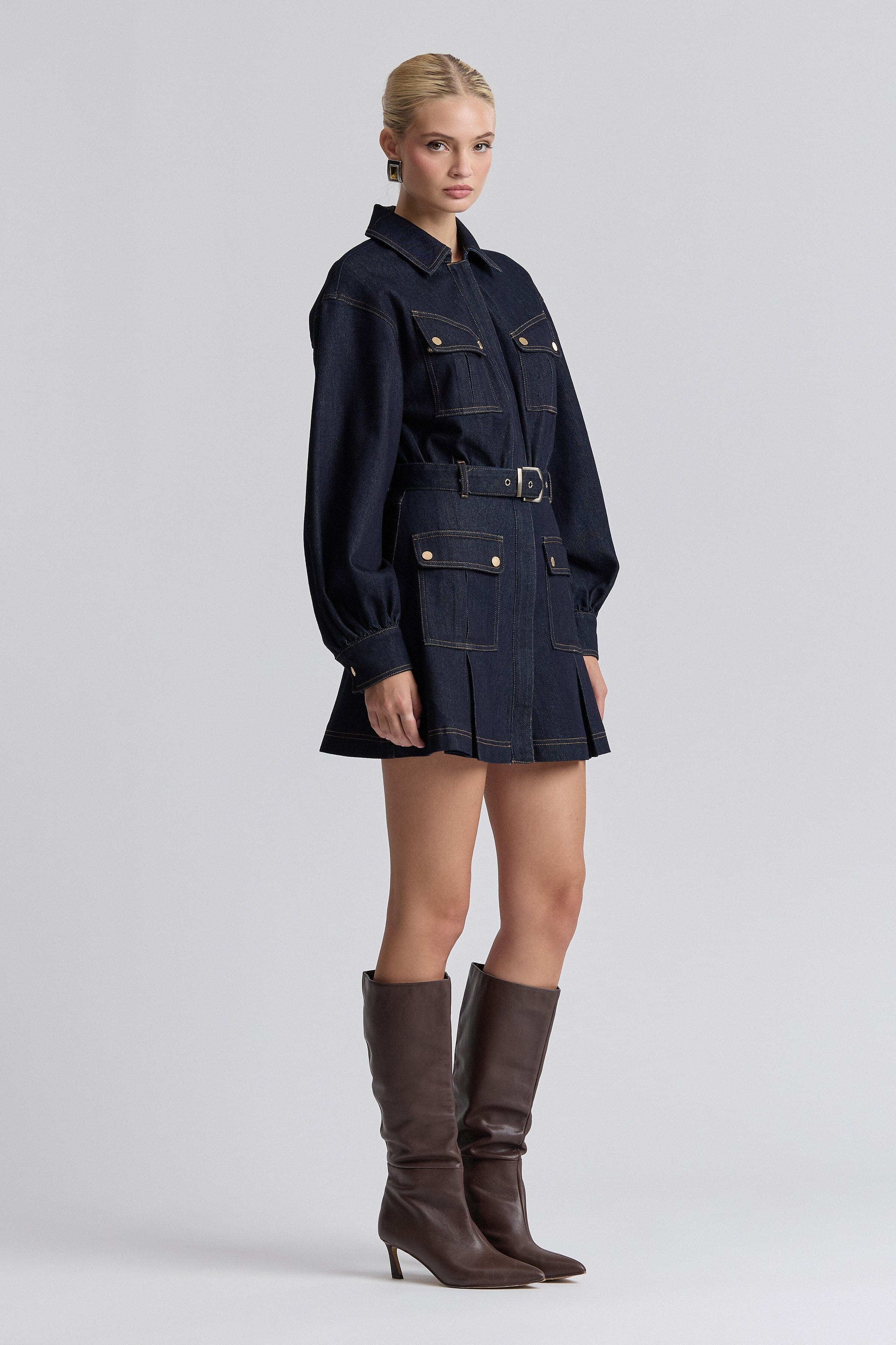 Indigo blue long sleeve denim mini dress with removable belt - Shop women's cute denim mini dresses by Avec Les Filles.