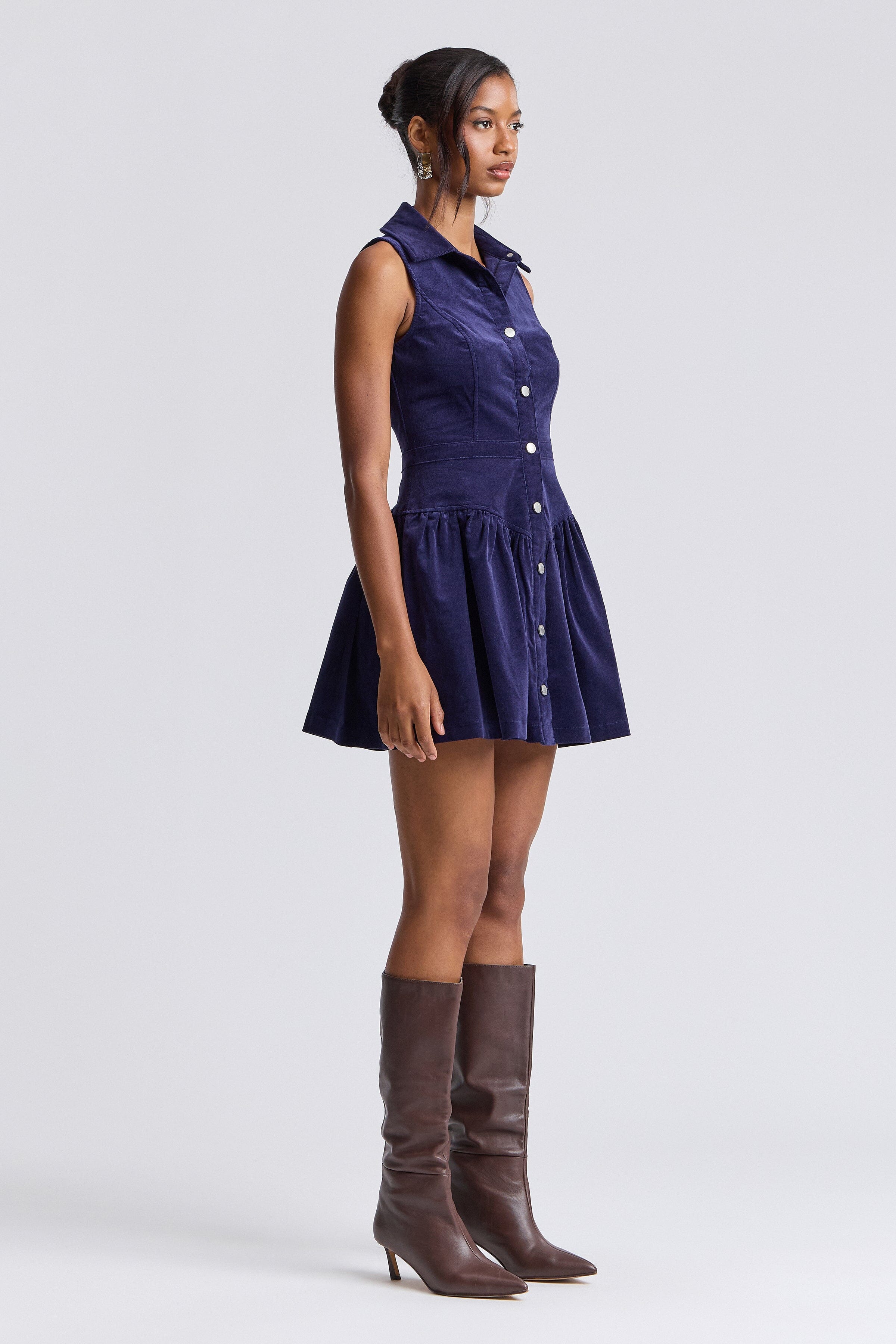 Drop-waist stretch sleeveless navy blue corduroy mini dress in cotton blend - Shop cord dress womens by Avec Les Filles.