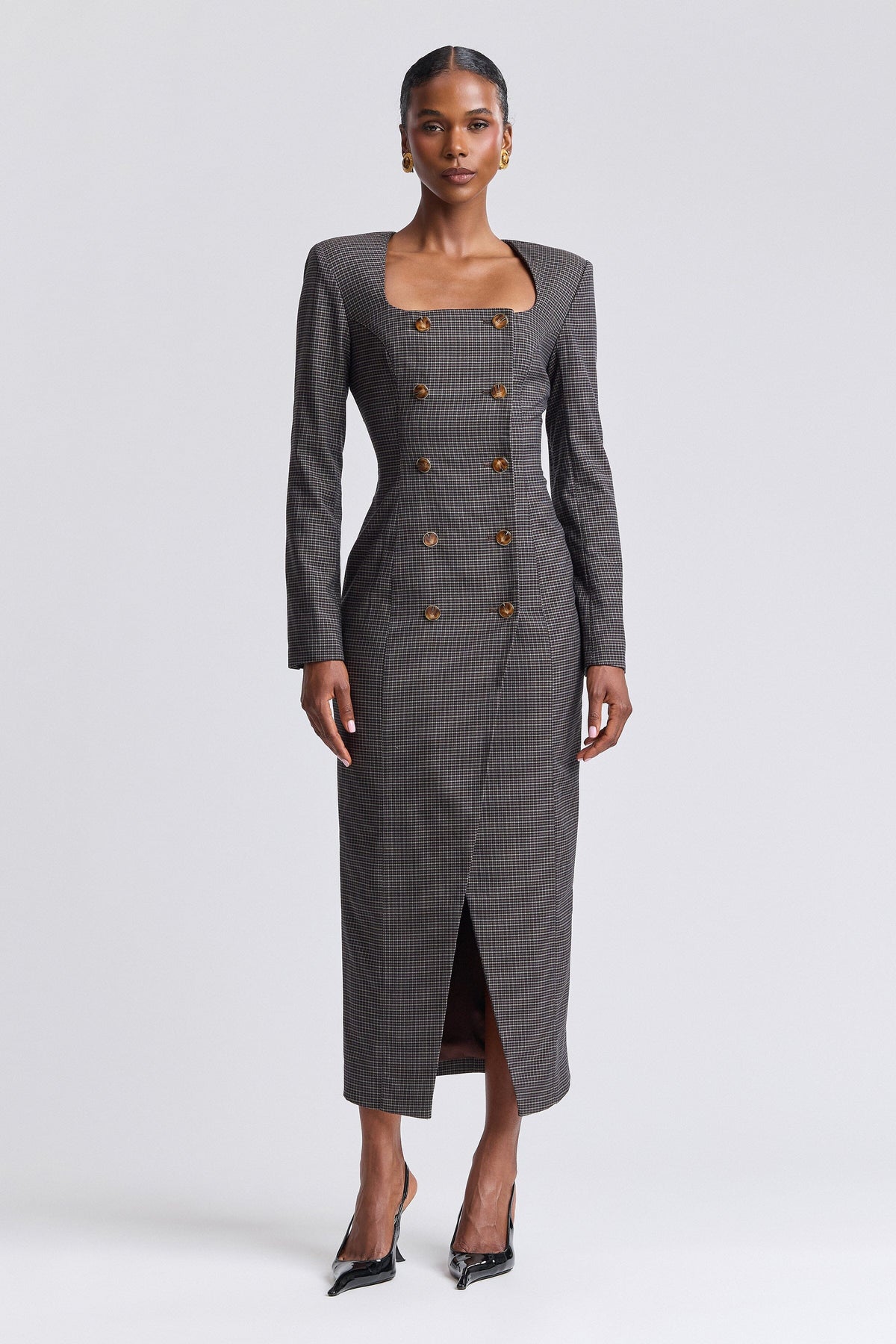Double-breasted front brown plaid maxi dress with square neck - Shop women's dresses by Avec Les Filles.