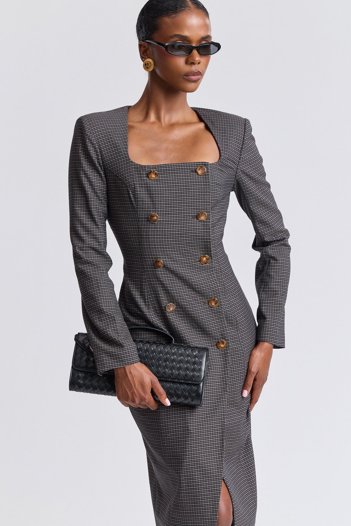 Brown maxi plaid dress long sleeve with square neck - Shop women's cute plaid maxi dresses by Avec Les Filles.