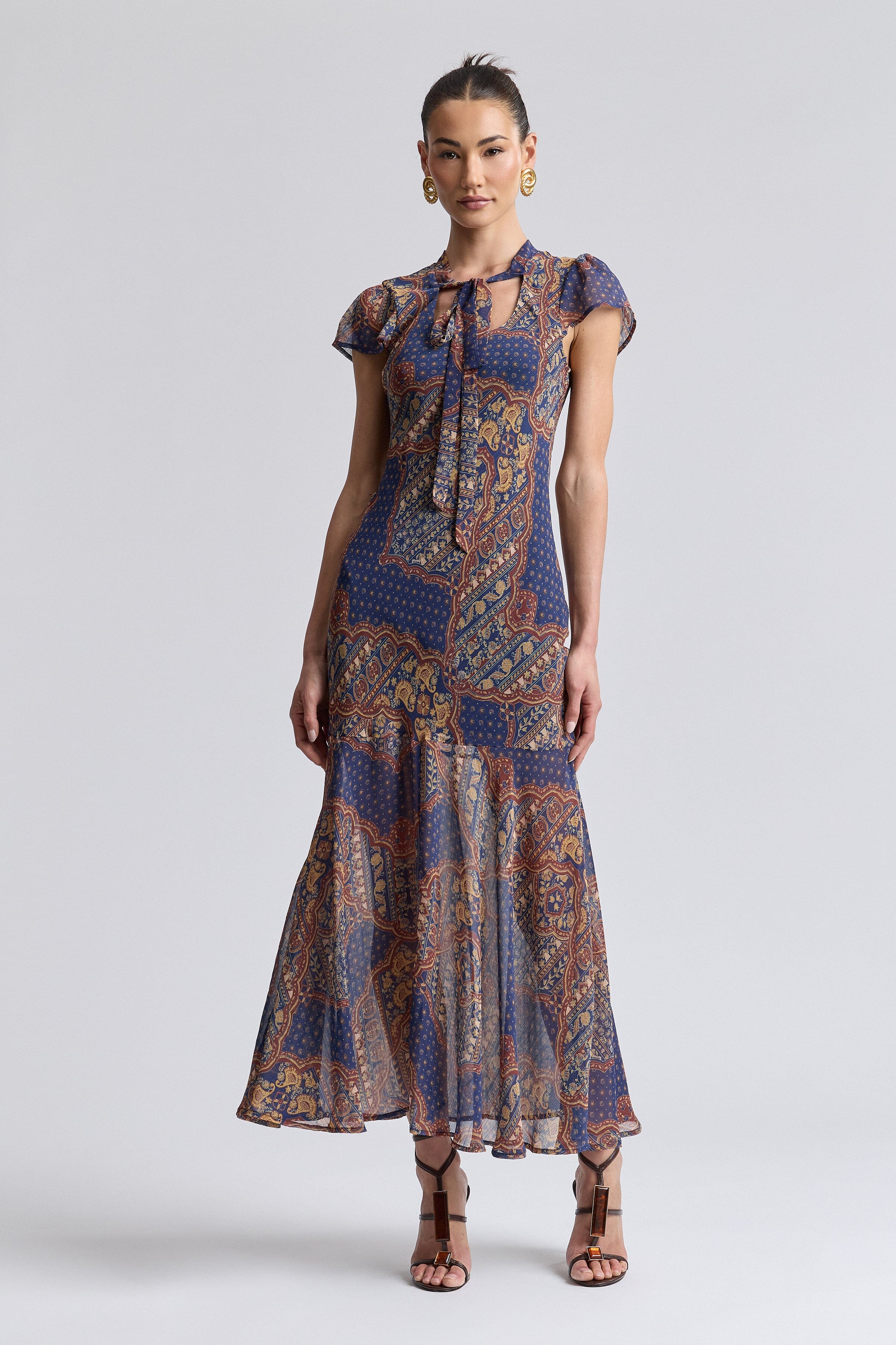 Chiffon paisley maxi dress with front-tie neck and short flutter sleeves - Shop women's maxi dresses by Avec Les Filles.