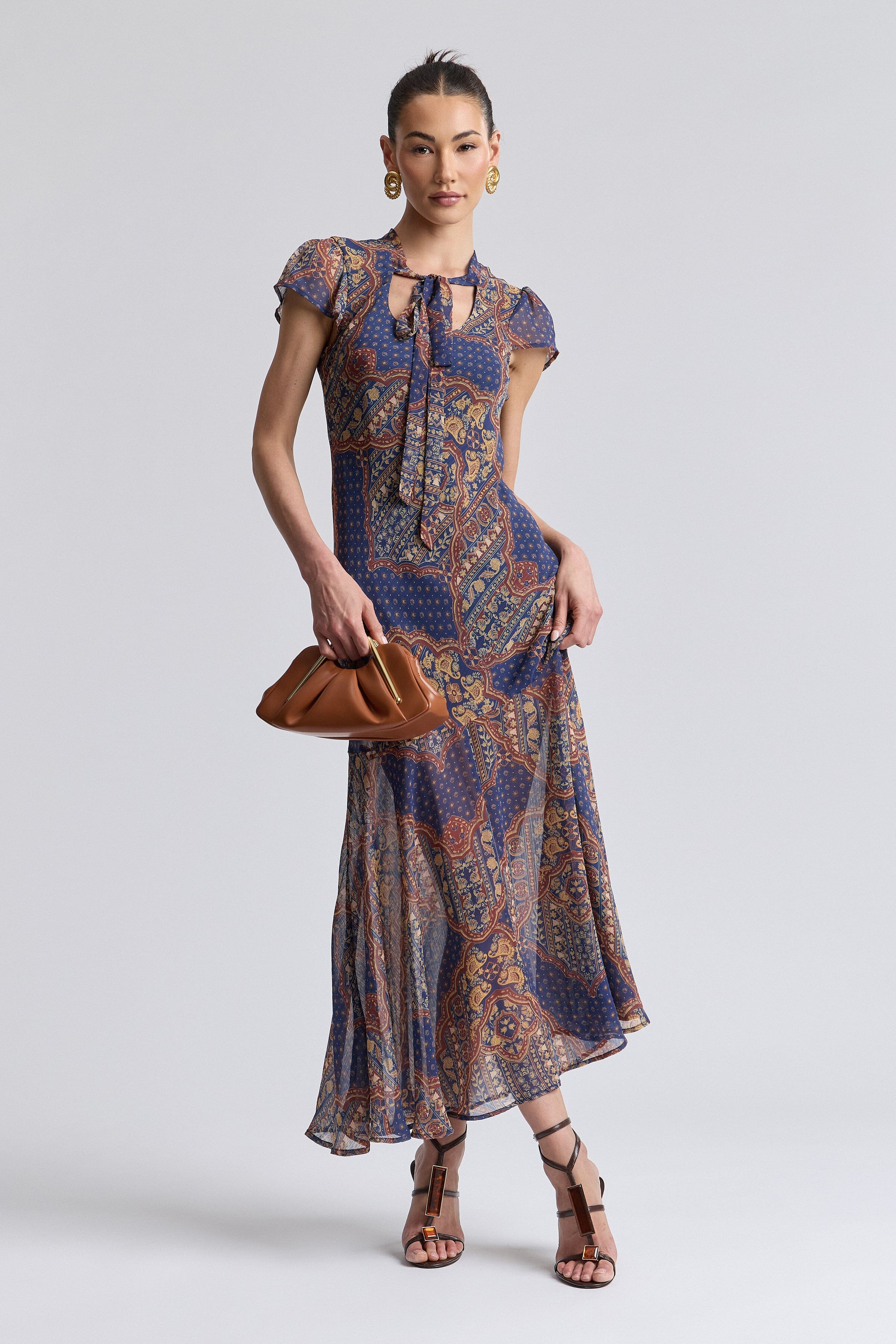 Chiffon multicolor paisley front-tie maxi dress with short flutter sleeves - Shop cute maxi dresses by Avec Les Filles.
