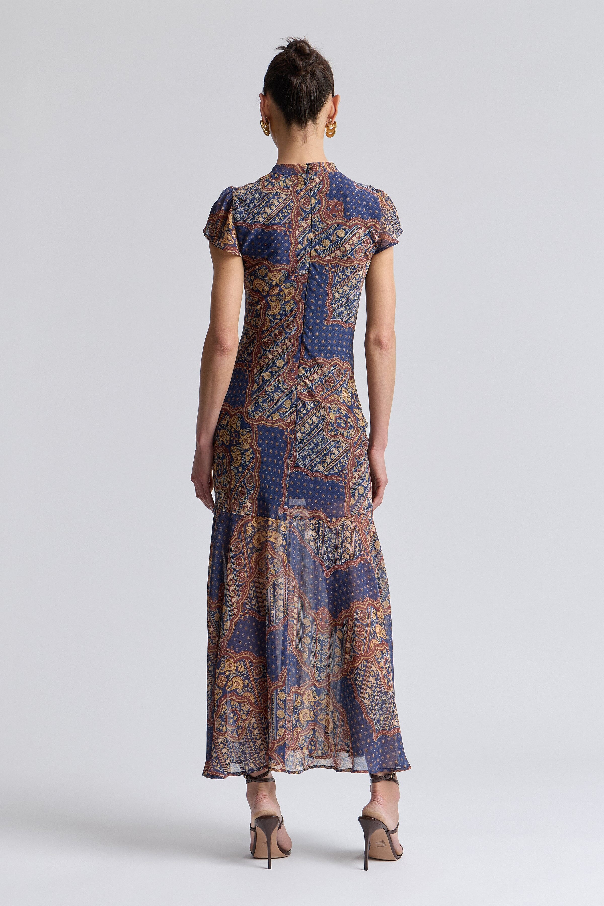 Chiffon mermaid multicolor printed maxi dress with short flutter sleeves - Shop women's maxi dresses by Avec Les Filles.