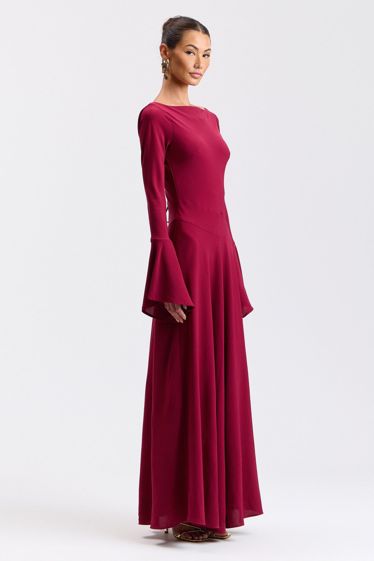 Maxi red gown with flounce sleeves and high scoop neck - Shop women's cute maxi dresses by Avec Les Filles.