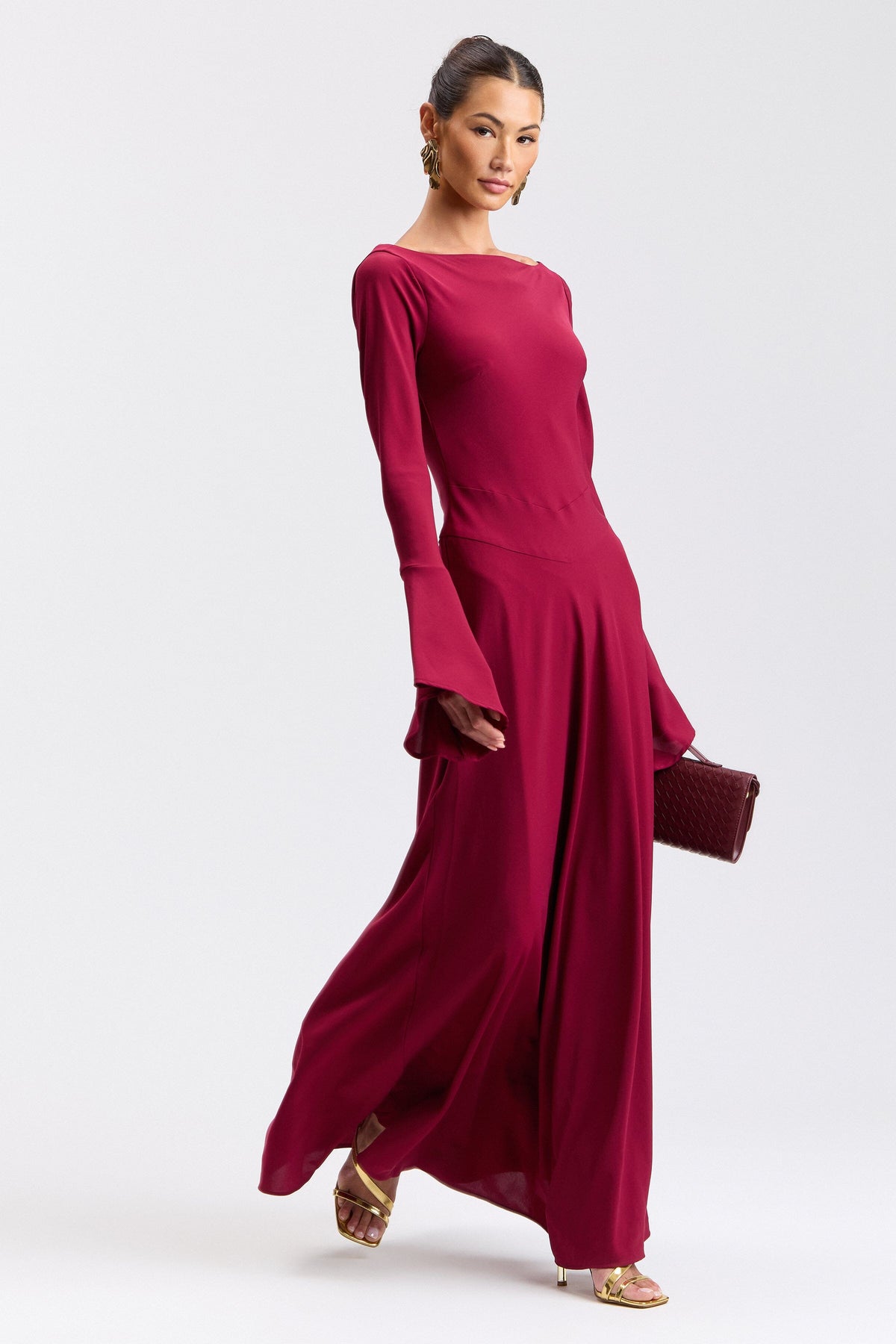 Red maxi dress with flounce sleeves and a high scoop neck - Shop women's cute red gowns by Avec Les Filles.