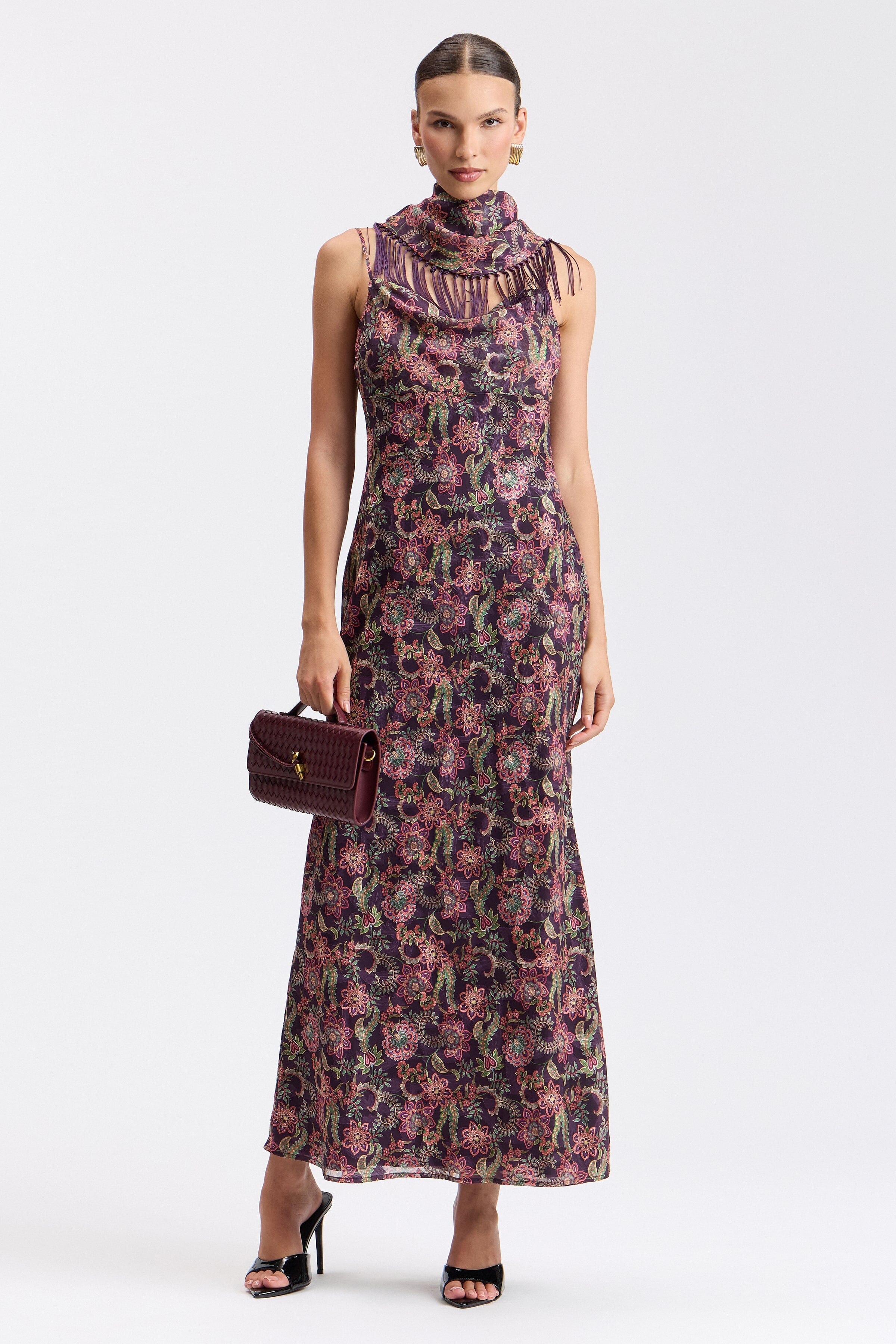 Cowl-neck paisley print maxi dress with scarf and adjustable spaghetti straps by Avec Les Filles.