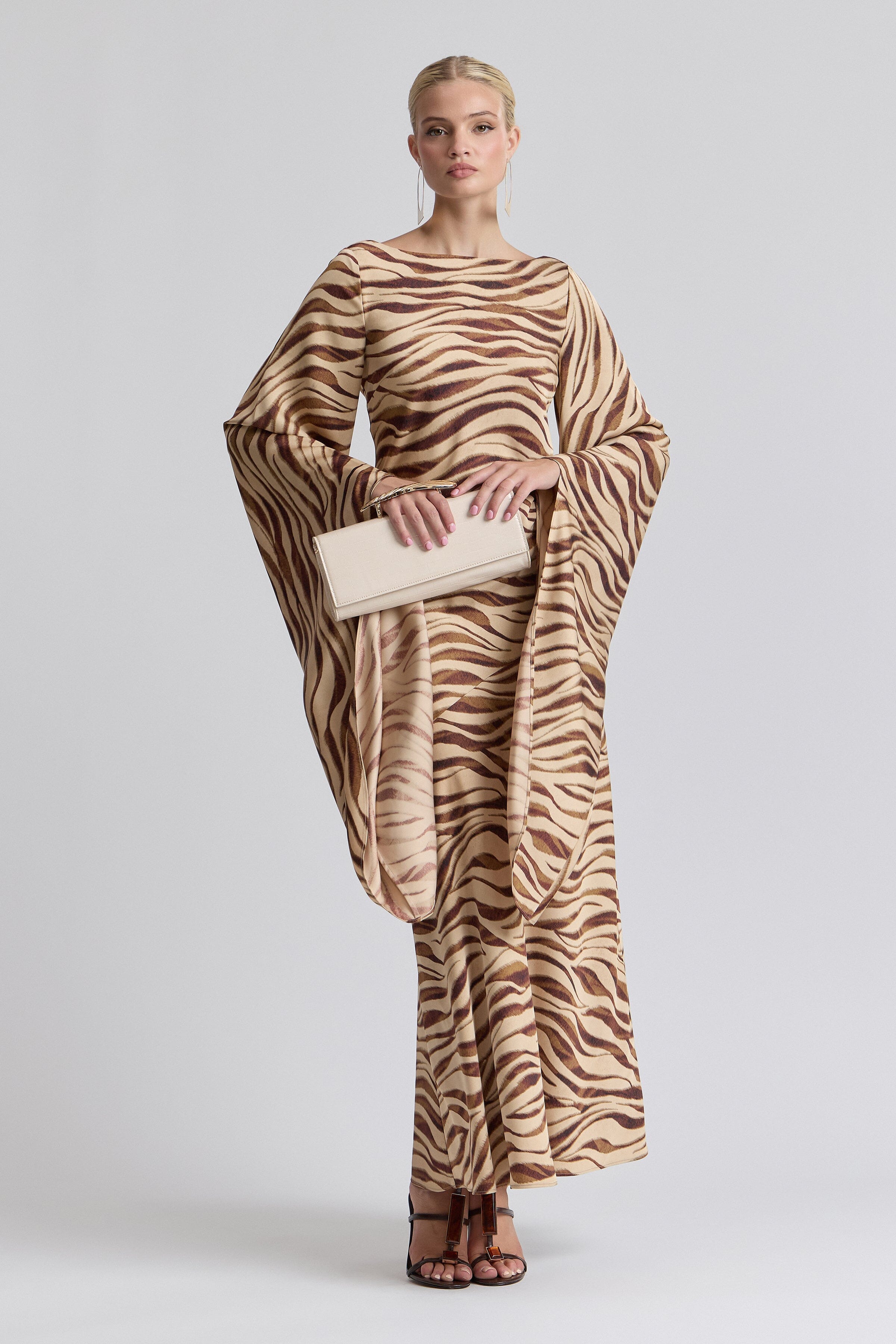 Satin brown zebra print dress with boat neck and high-low sleeves - Shop cute maxi dresses by Avec Les Filles.