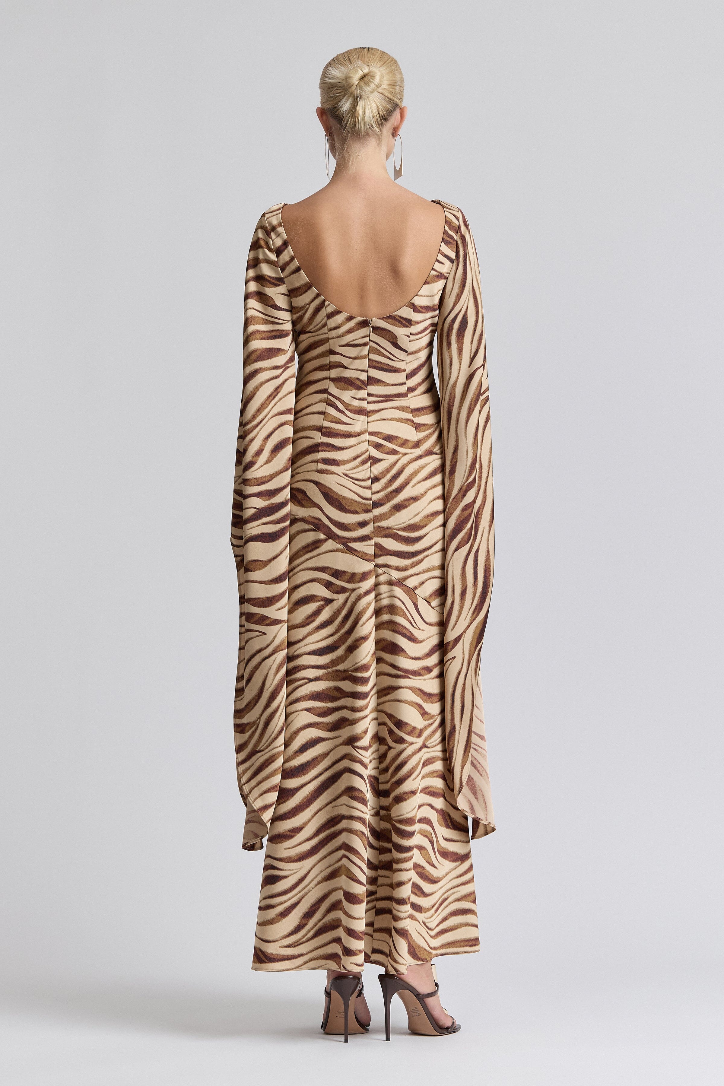 Satin long sleeve zebra print dress with boat neck - Shop designer women's cute maxi dresses by Avec Les Filles.