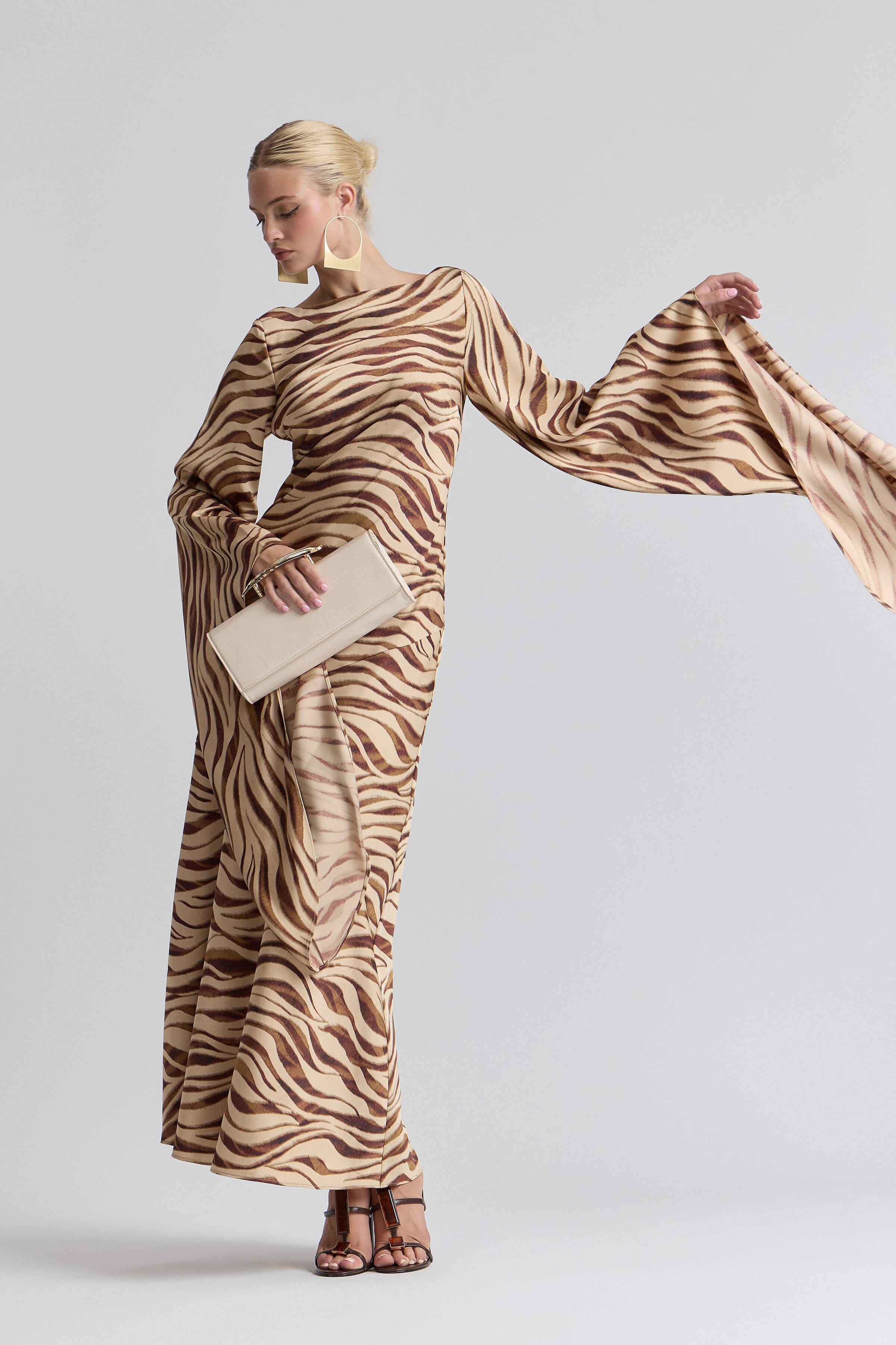 Satin zebra print maxi dress with boat neck - Shop designer fall dress for women by Avec Les Filles.