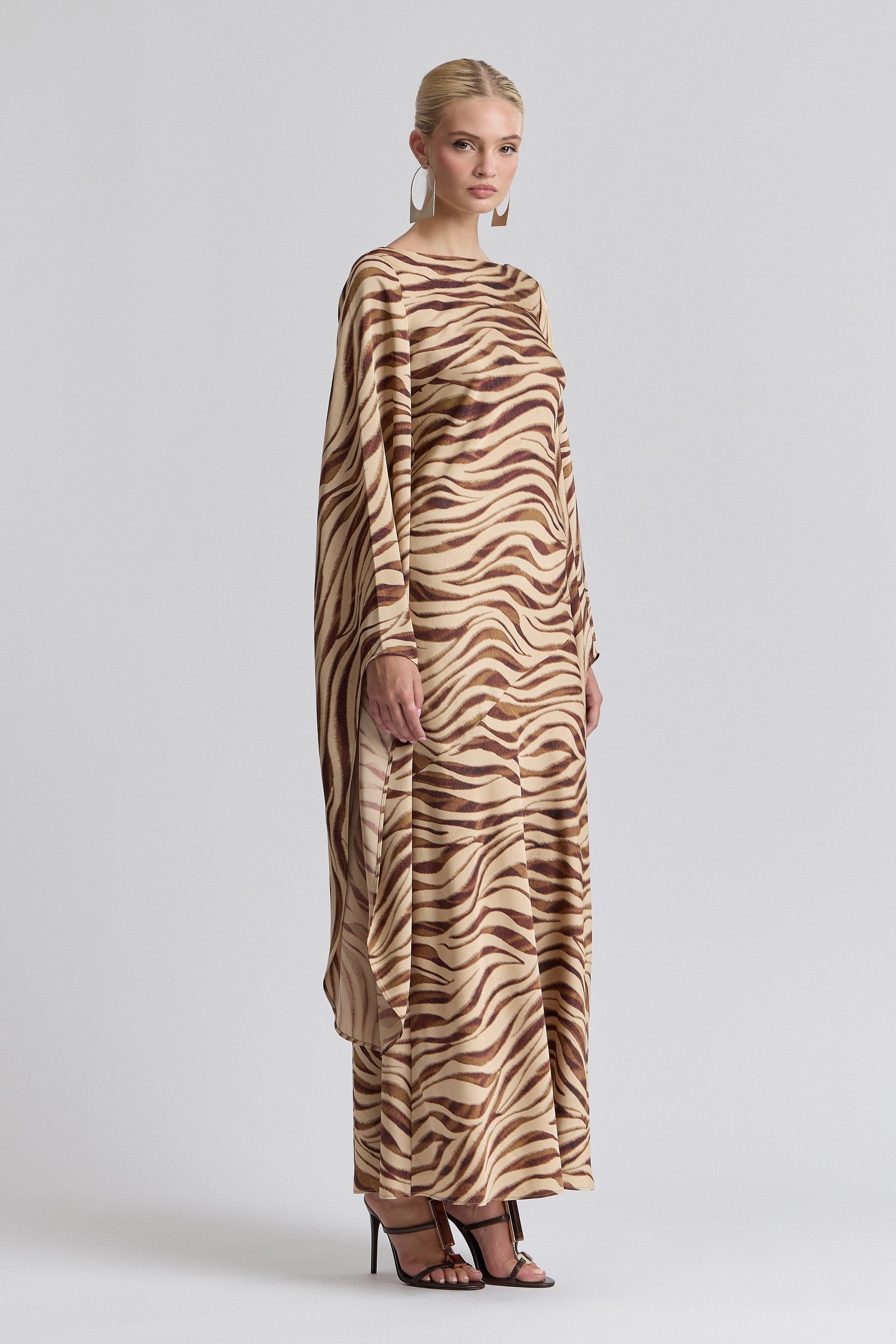 Satin zebra maxi dress with boat neck and high-low sleeves - Shop women's cute maxi dresses by Avec Les Filles.