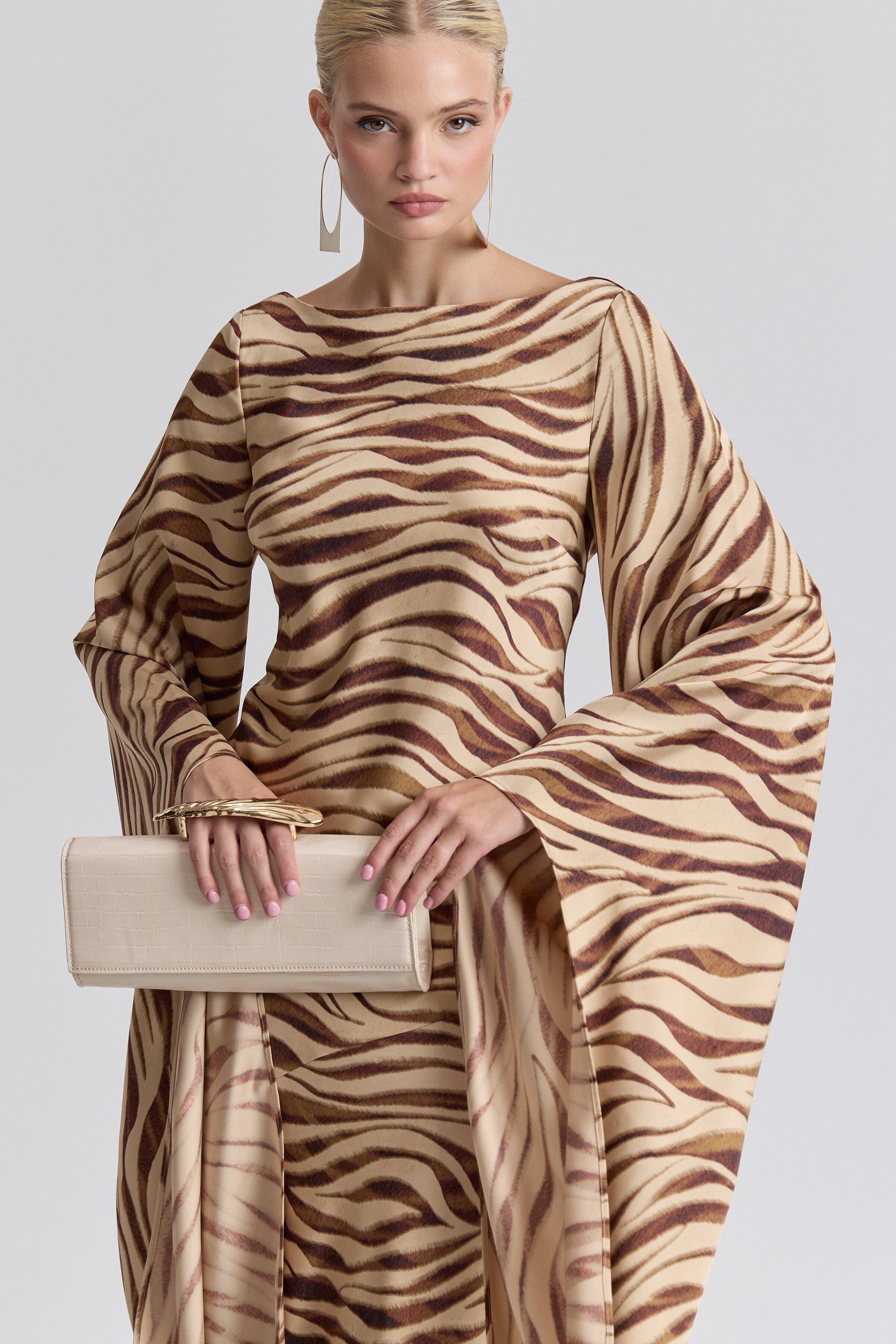 Satin long zebra print dress with boat neck and high-low sleeves - Shop women's cute maxi dresses by Avec Les Filles.