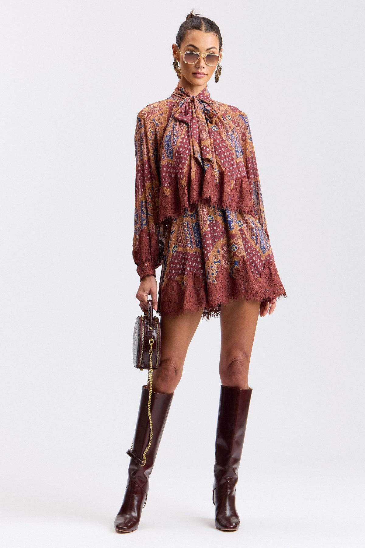 Printed lace trim mini dress with tie neck and long sleeves - Shop women's cute mini dresses by Avec Les Filles.