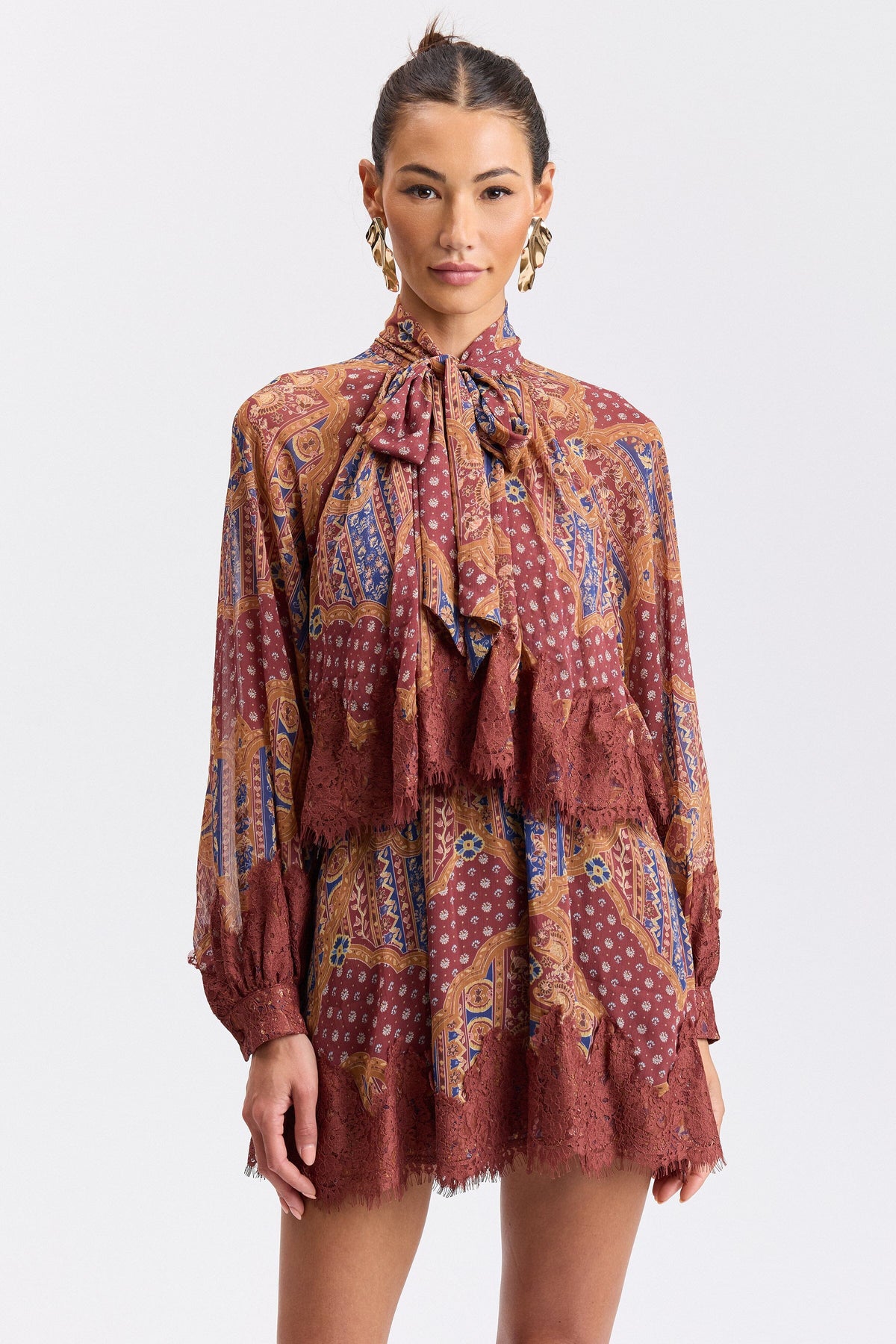 Flared mini long sleeve dress with tie neck and long sleeves - Shop women's cute mini dresses by Avec Les Filles.
