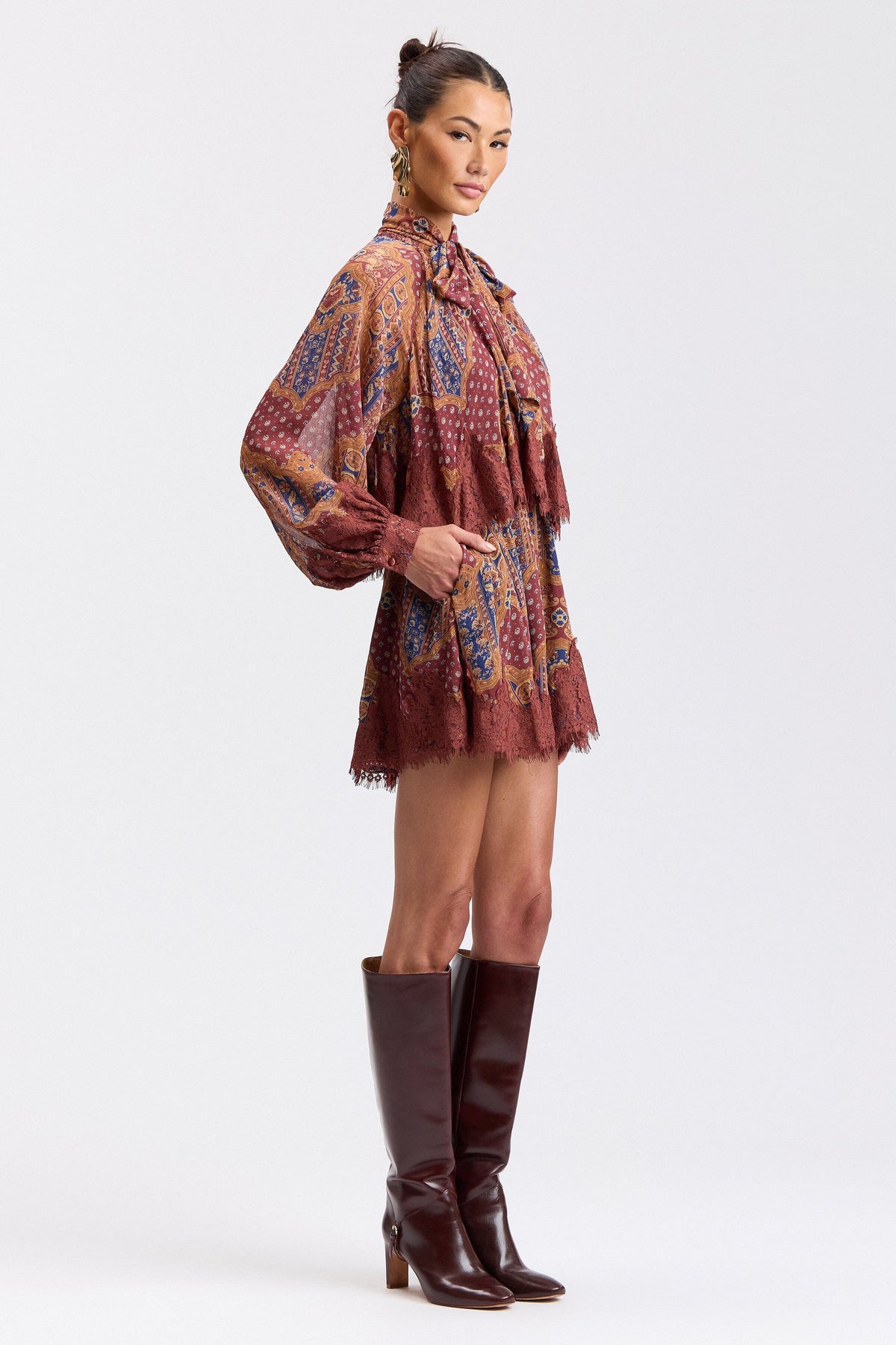 Paisley printed mini dress with high tie neck and long sleeves - Shop women's cute mini dresses by Avec Les Filles.