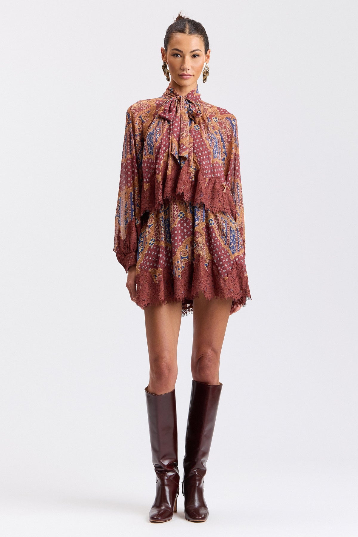 Flared paisley printed mini dress with tie neck and long sleeves - Shop women's cute mini dresses by Avec Les Filles.