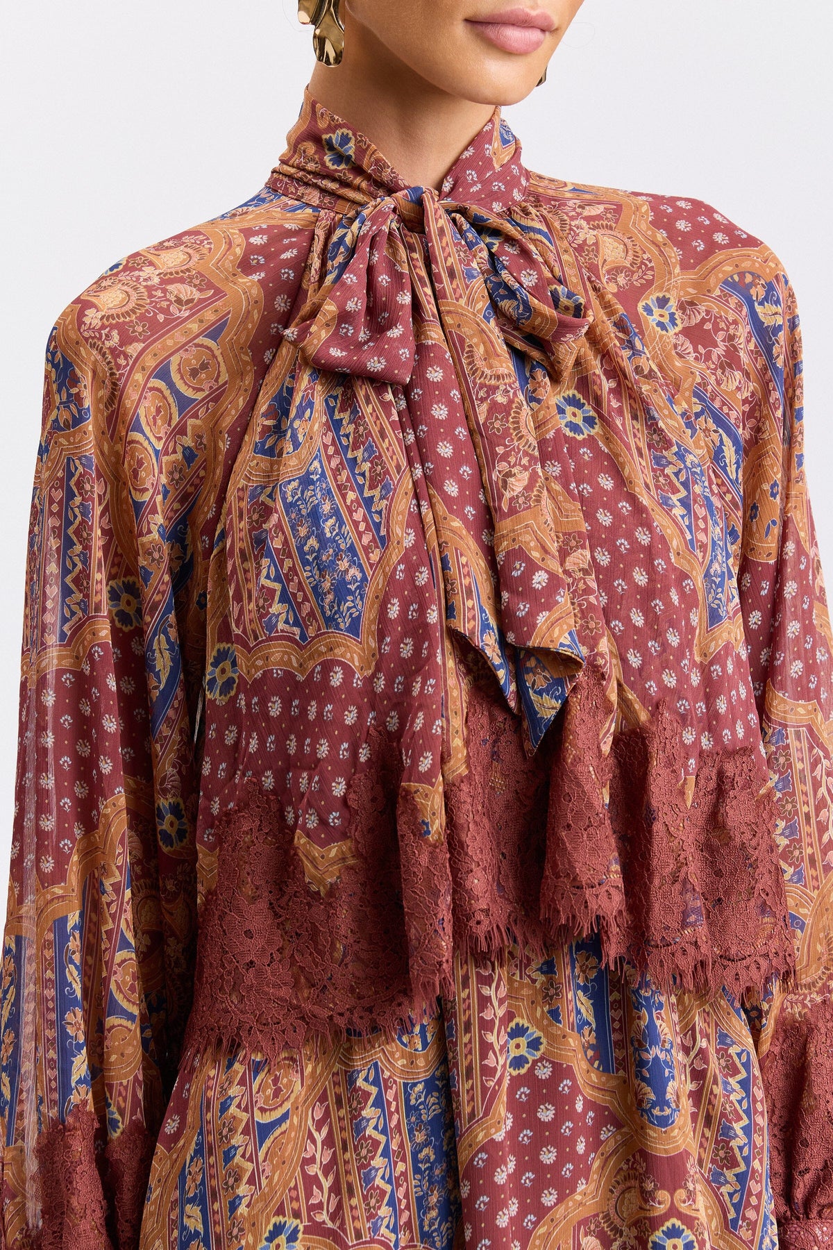 Lace-trimmed paisley printed mini dress with tie neck - Shop long sleeve mini dresses by Avec Les Filles.
