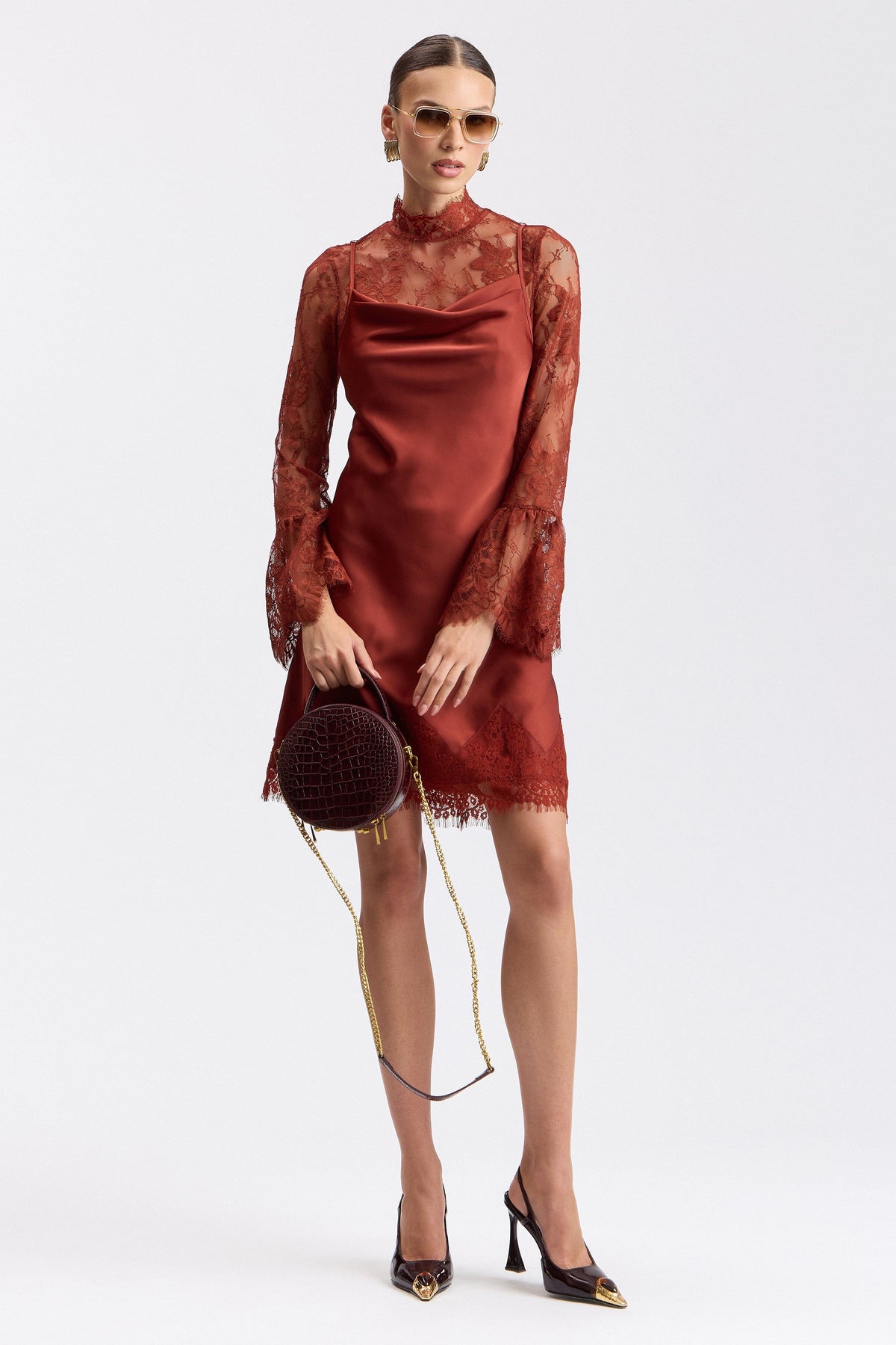 Red satin long sleeve lace dress with a cowl-draped neck - Shop designer women's satin dresses by Avec Les Filles.