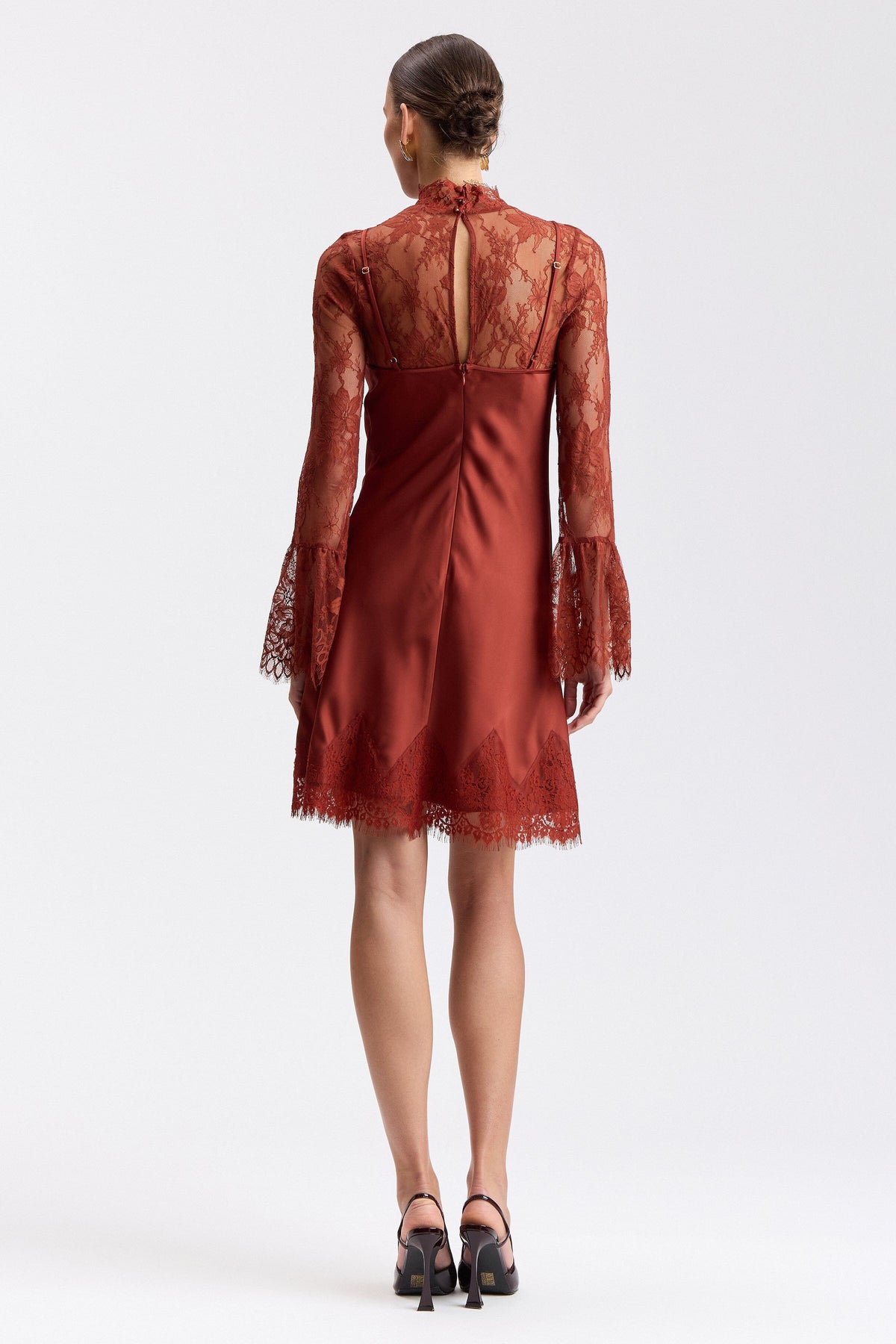 Lace-overlay satin red long sleeve lace dress - Shop designer women's cute satin dresses by Avec Les Filles.