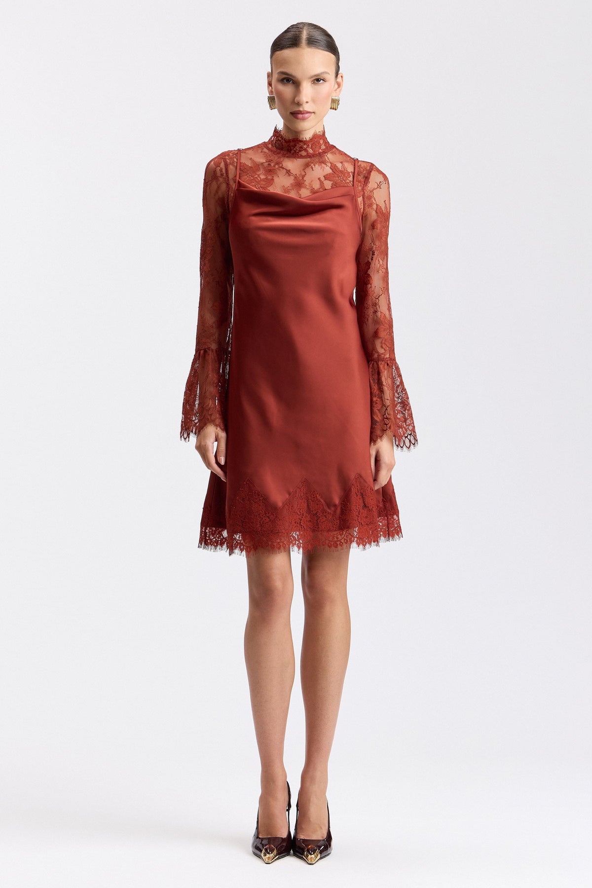 Satin red mini dress with flared scalloped sleeves and a cowl neck - Shop women's satin dresses by Avec Les Filles.