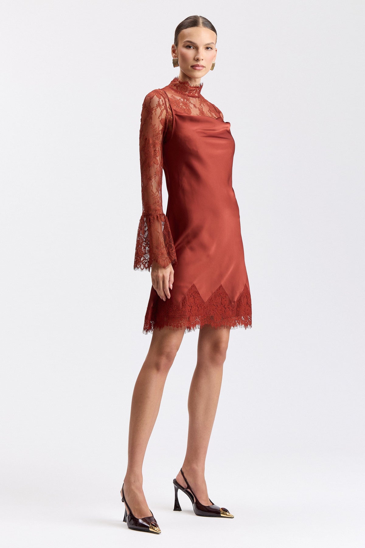 Red satin mini dress with flared scalloped sleeves and a cowl-draped neck - Shop women's satin dresses by Avec Les Filles.
